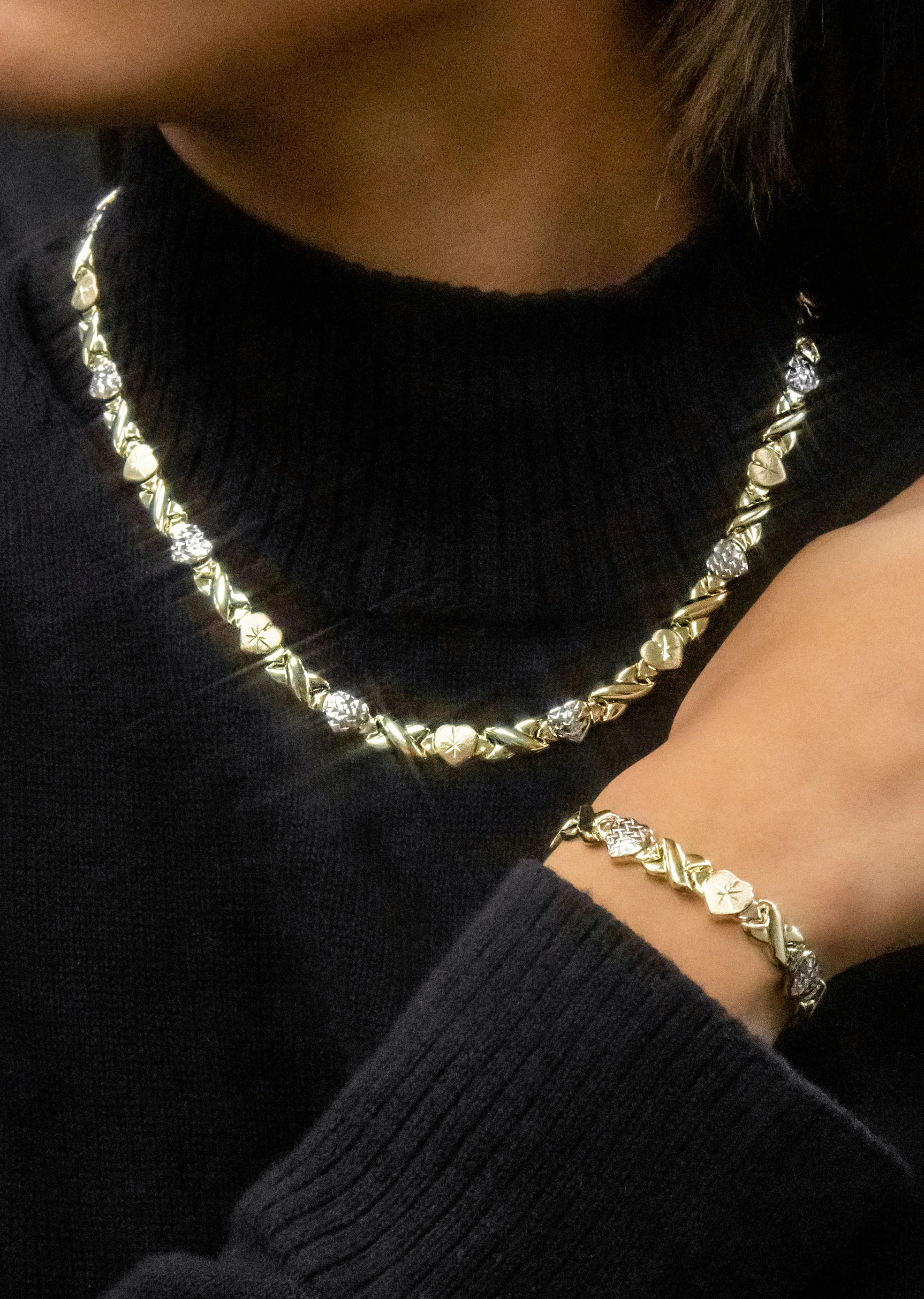 YELLOW GOLD "XO HEART" HOLLOW DIAMOND CUT TWO TONE NECKLACE & BRACELET SET FOR WOMEN  | APPX 17.3 GRAMS