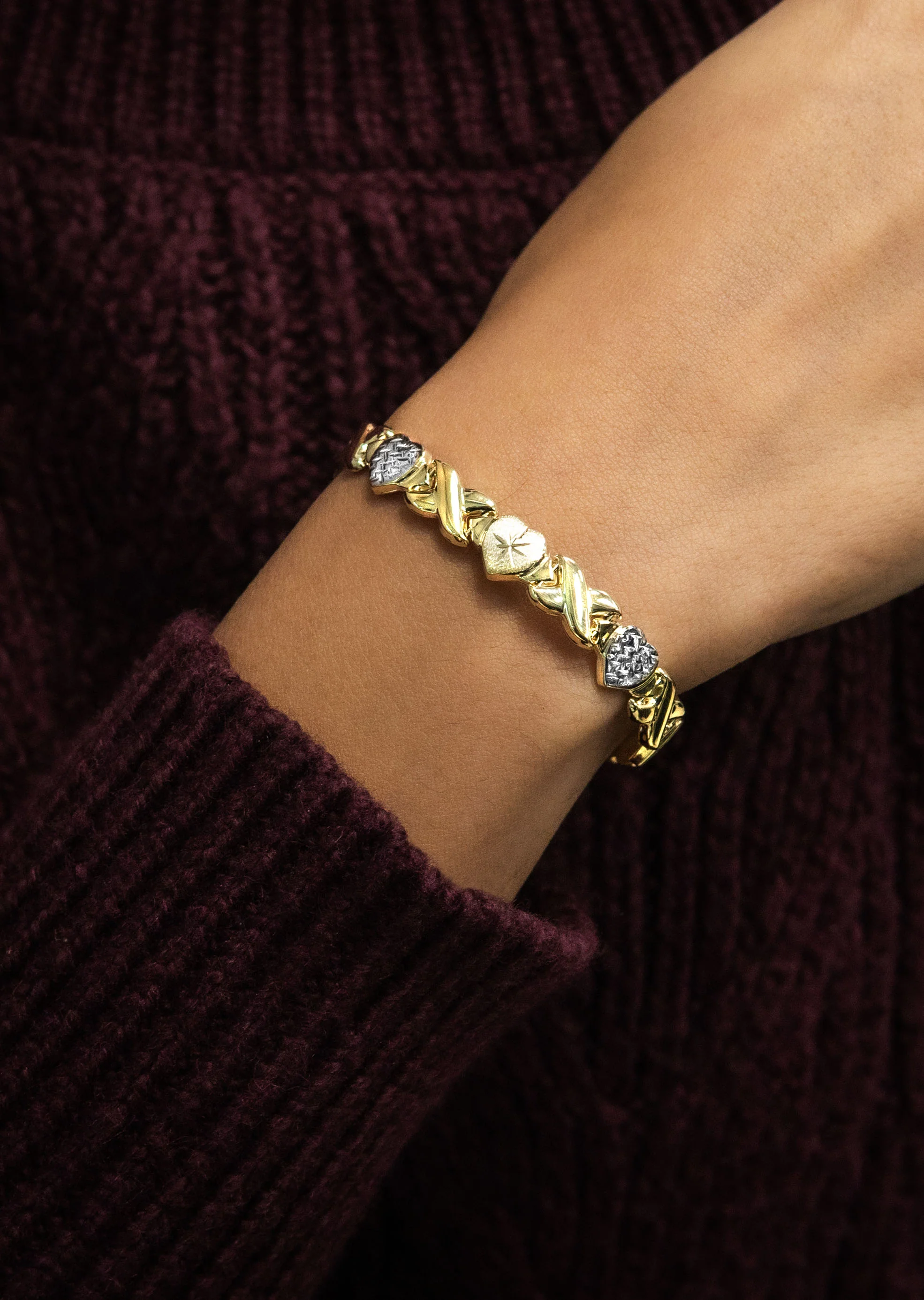 YELLOW GOLD "XO HEART" HOLLOW DIAMOND CUT TWO TONE NECKLACE & BRACELET SET FOR WOMEN  | APPX 17.3 GRAMS - Image 6