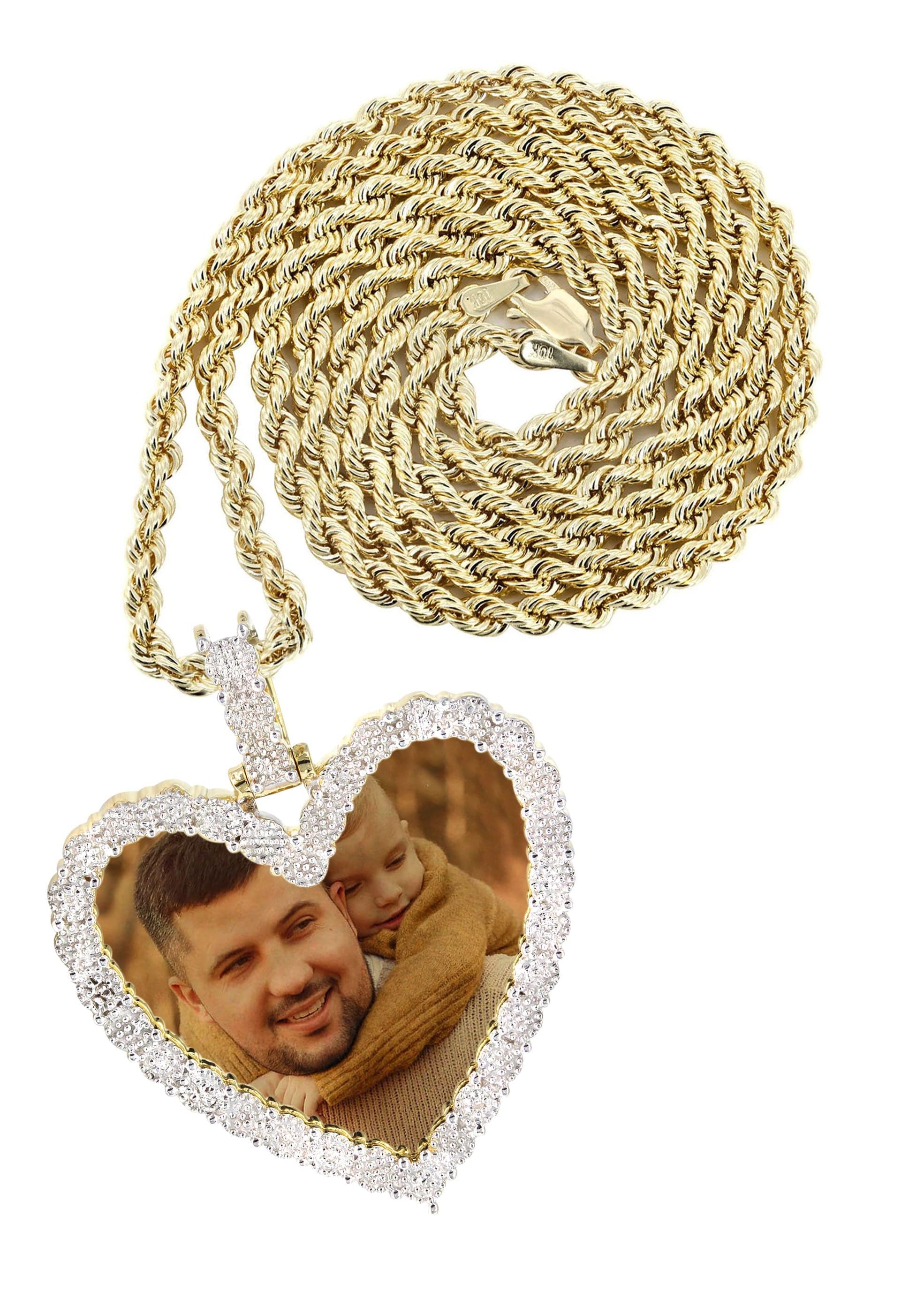 10K Yellow Gold Large Diamond Heart Picture Pendant Necklace | Appx. 24 Grams