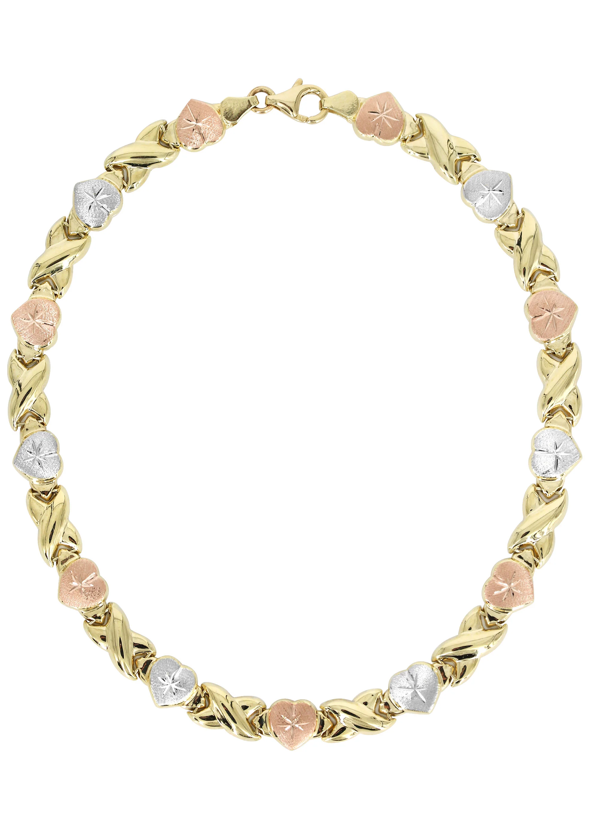 YELLOW GOLD "XO HEART" HOLLOW TRI-COLOR NECKLACE & BRACELET SET FOR WOMEN | APPX 17.9 GRAMS - Image 2