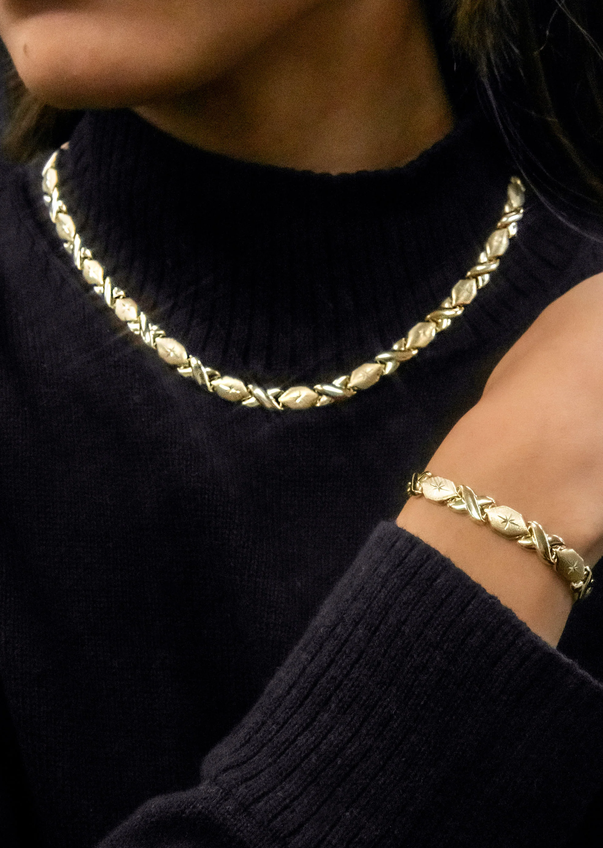 YELLOW GOLD "XO" HOLLOW NECKLACE & BRACELET SET FOR WOMEN | APPX 17.1 GRAMS