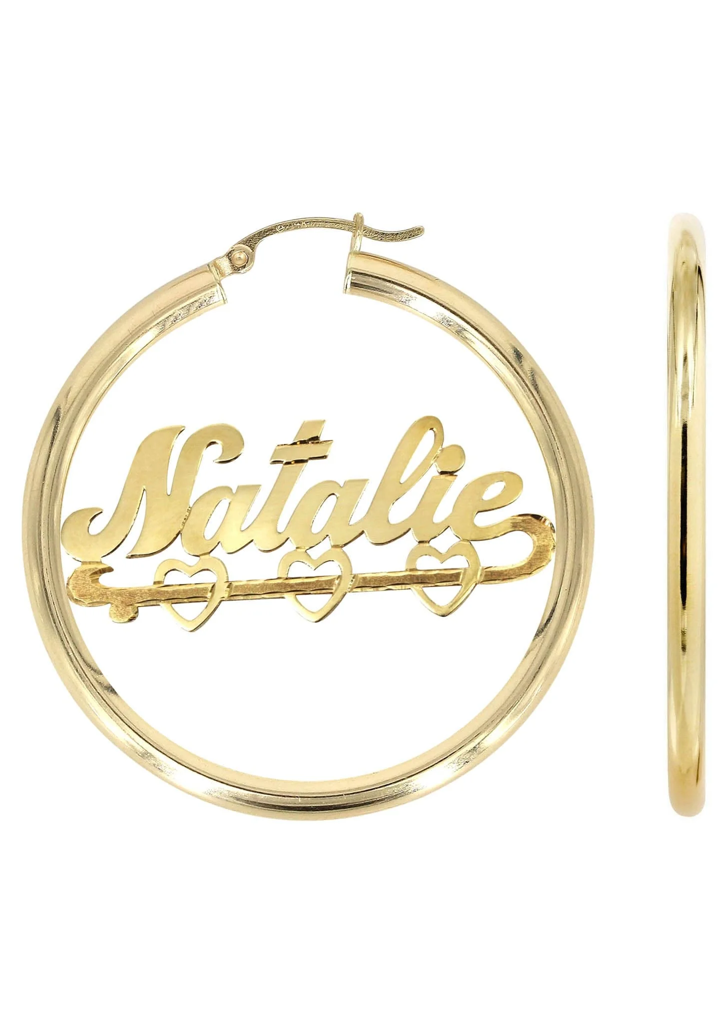 14K Ladies Diamond Cut Heart Name Plate Hoop Earrings