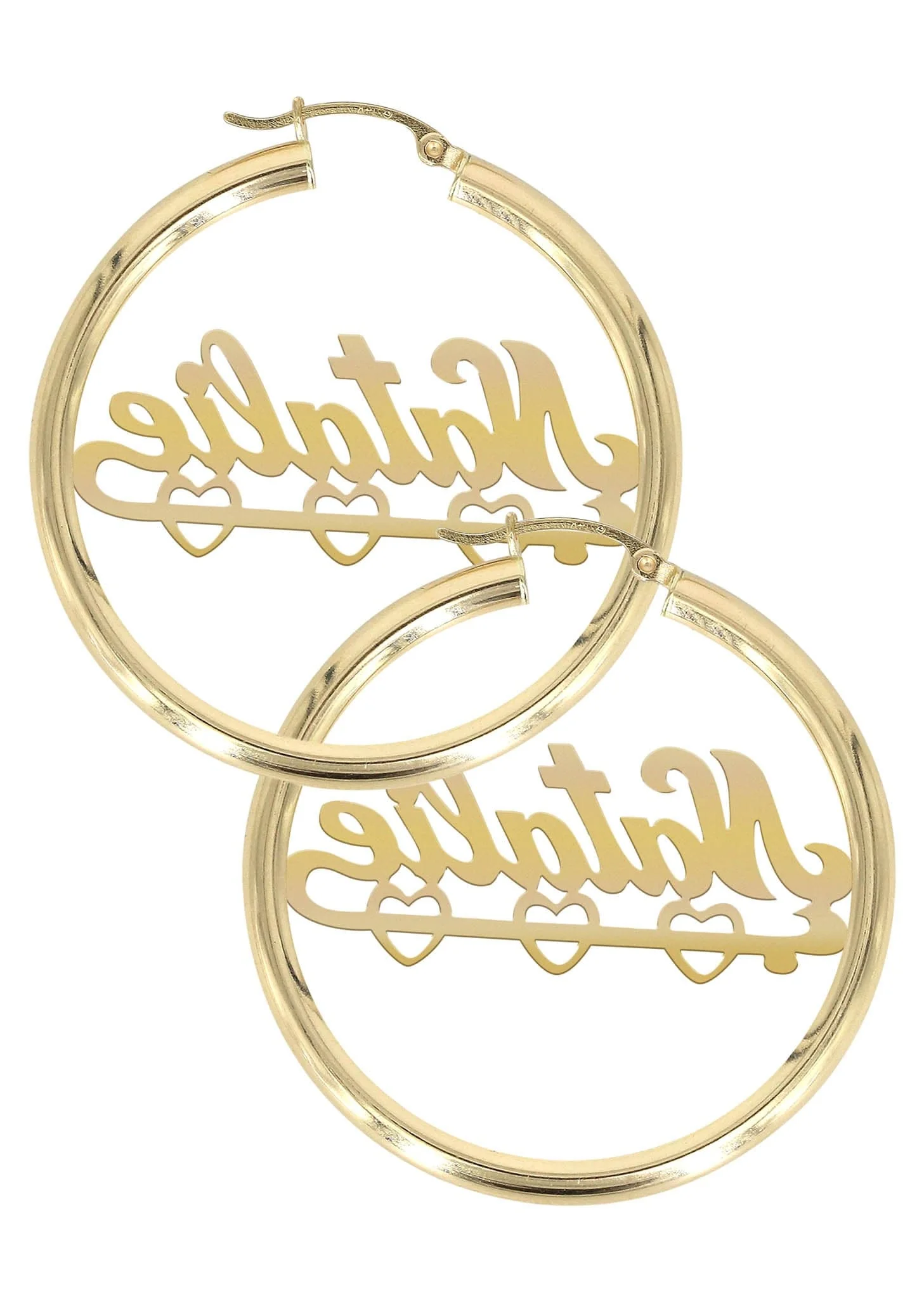 14K Ladies Diamond Cut Heart Name Plate Hoop Earrings - Image 2