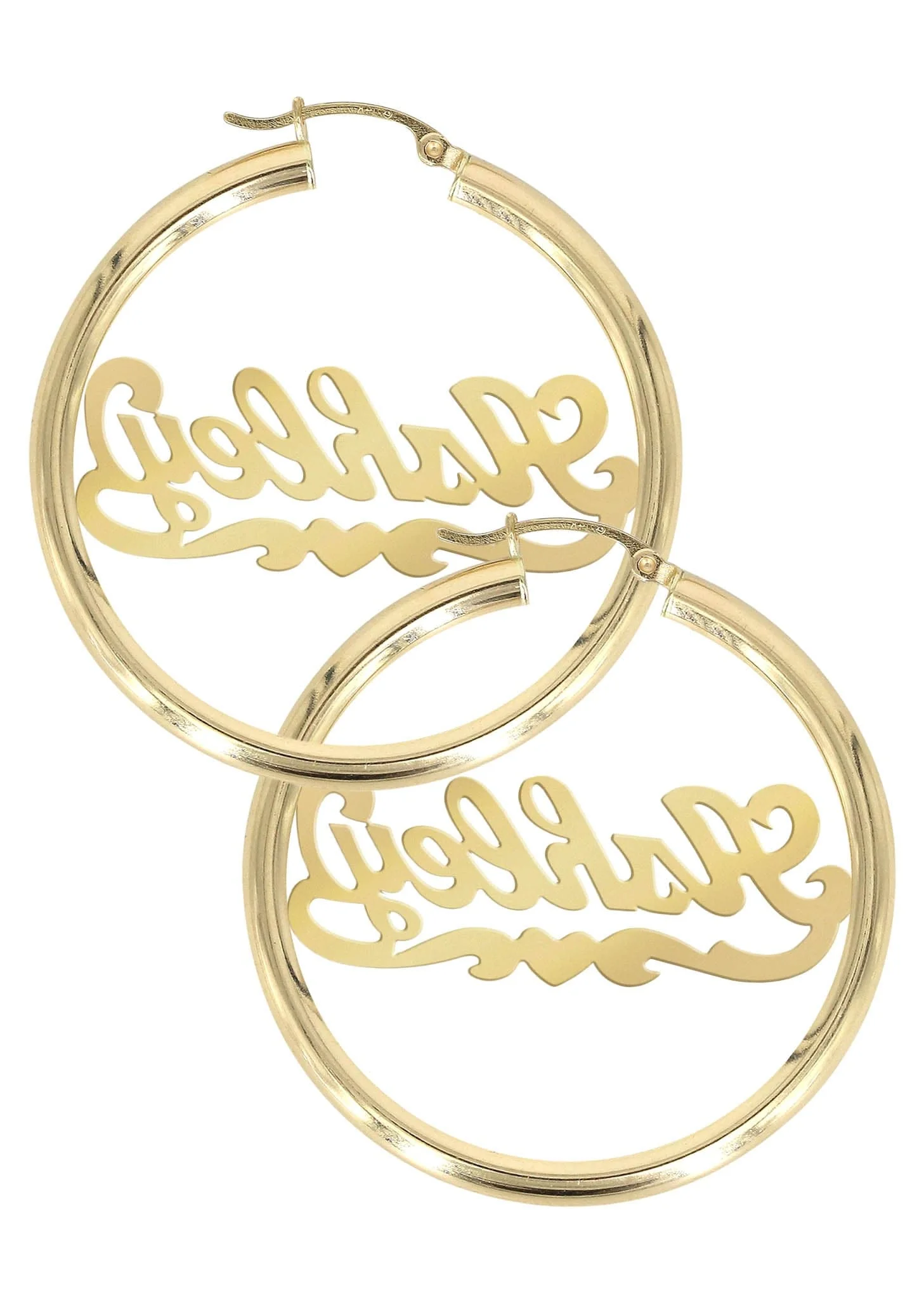 14K Ladies Diamond Cut Heart Name Plate Hoop Earrings - Image 2