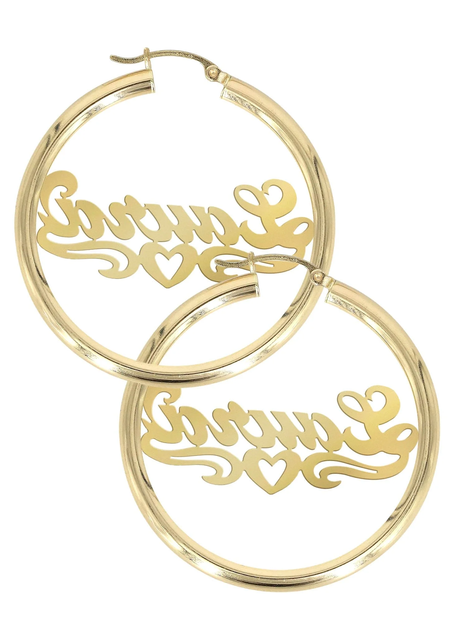 14K Ladies Diamond Cut Heart Name Plate Hoop Earrings - Image 2