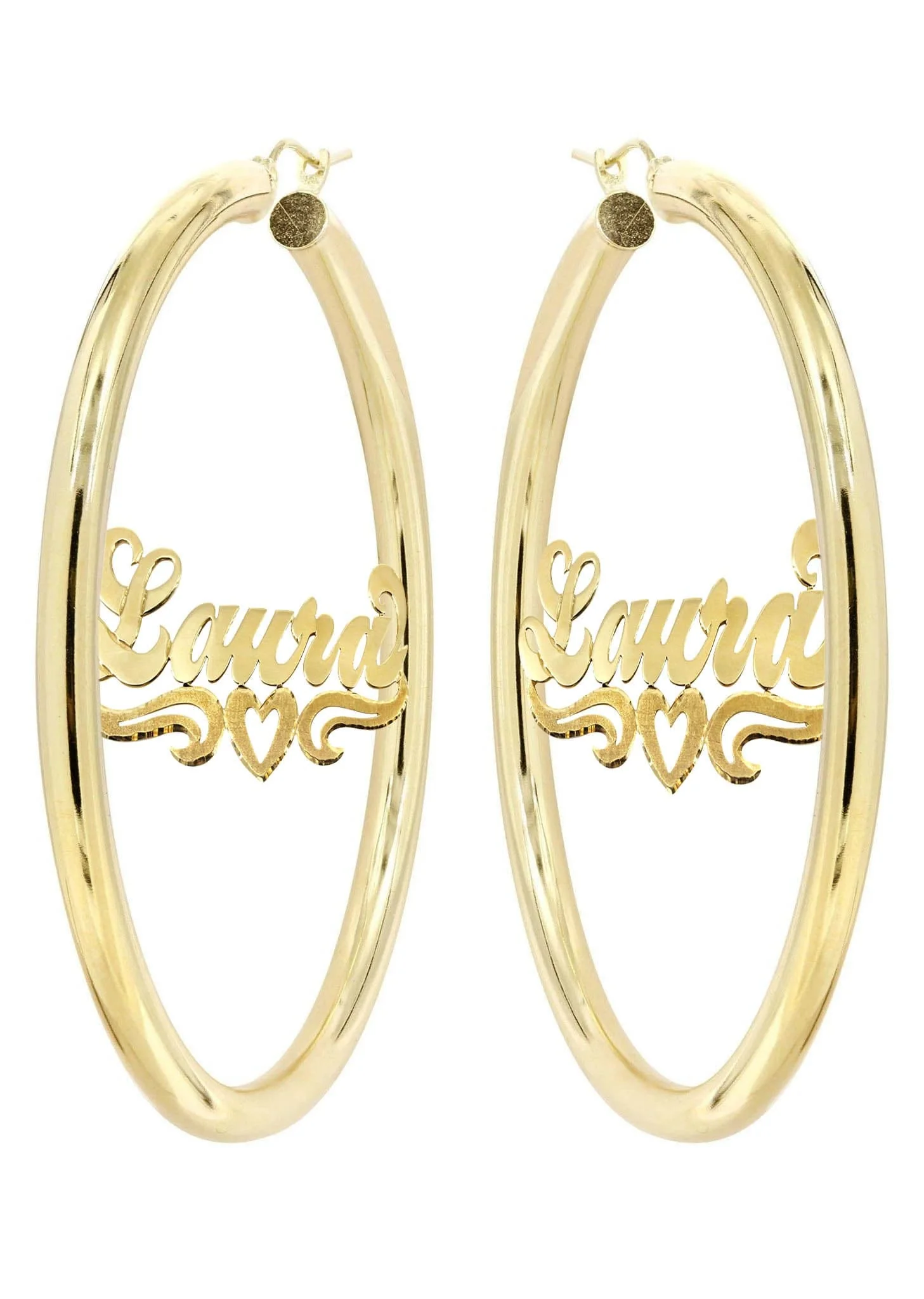14K Ladies Diamond Cut Heart Name Plate Hoop Earrings - Image 3