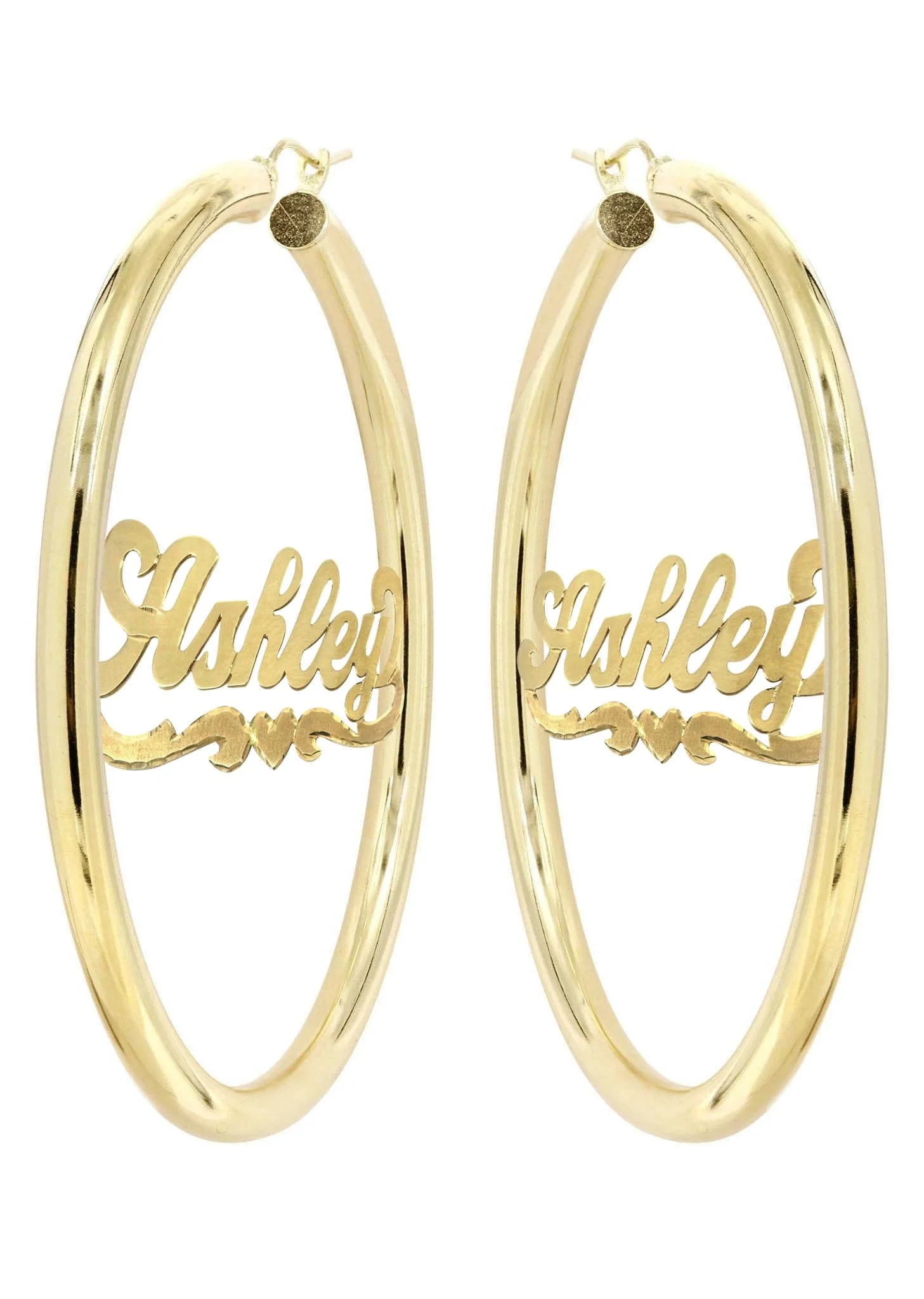 14K Ladies Diamond Cut Heart Name Plate Hoop Earrings - Image 3