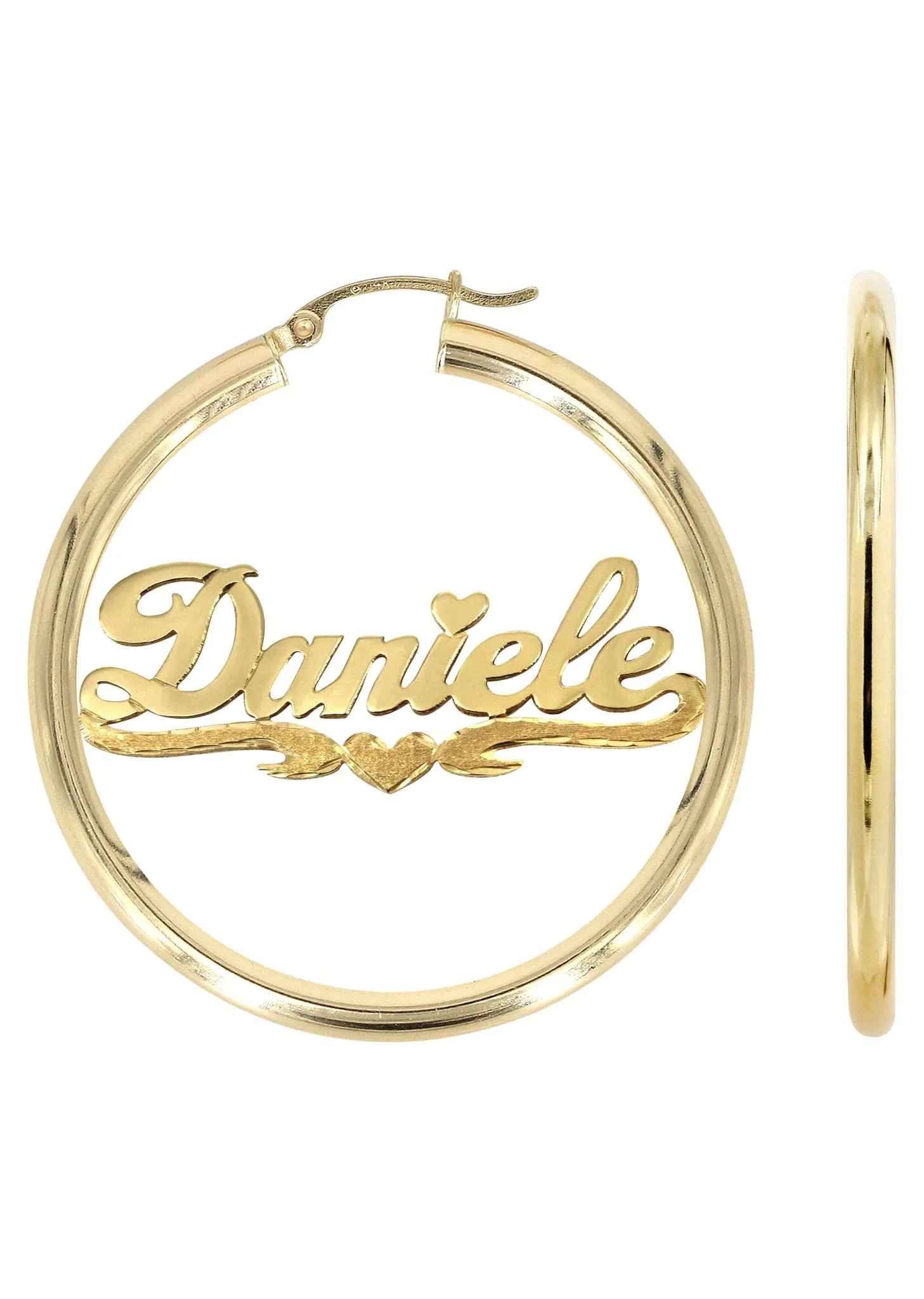14K Ladies Diamond Cut Heart Name Plate Hoop Earrings