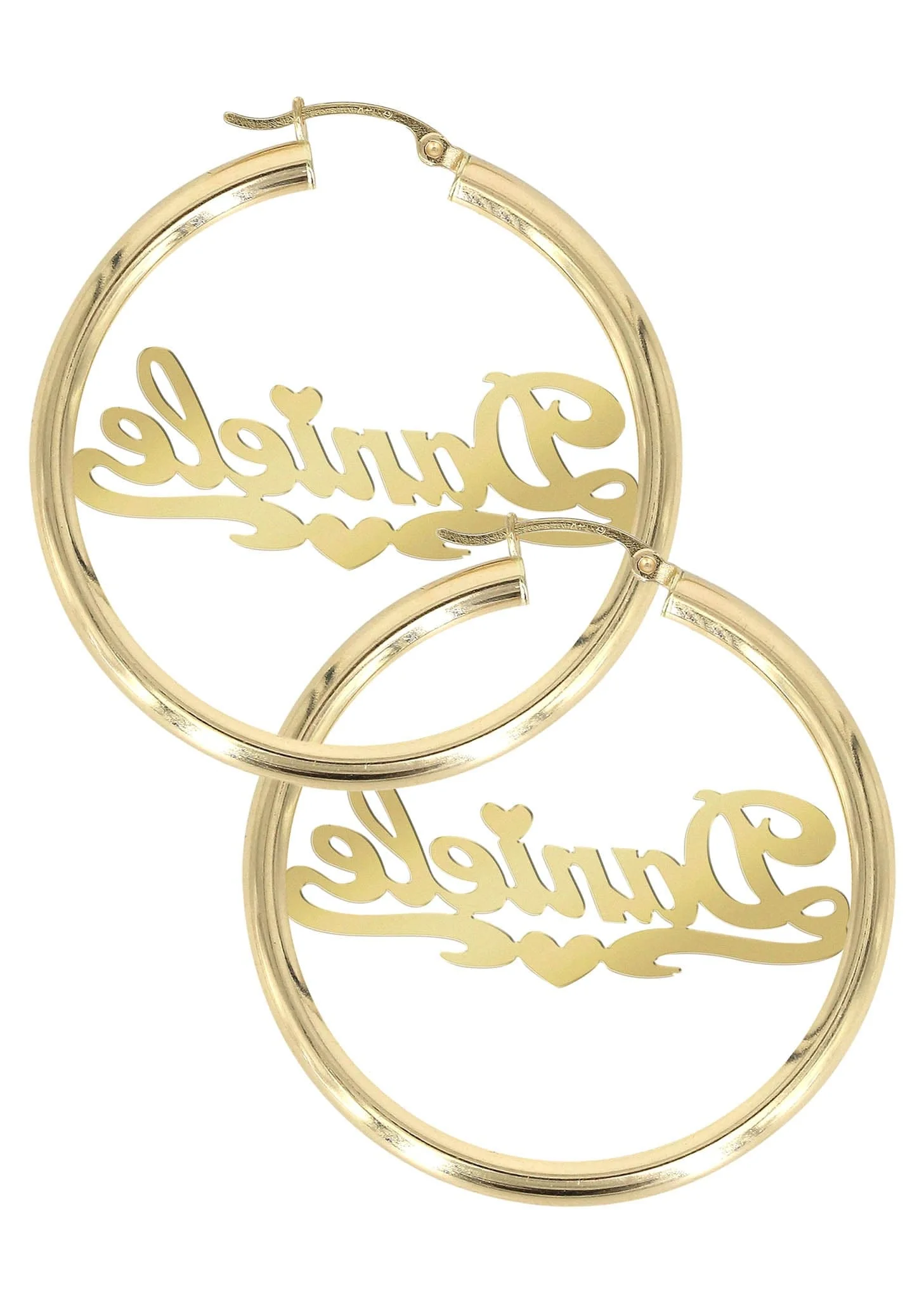 14K Ladies Diamond Cut Heart Name Plate Hoop Earrings - Image 2