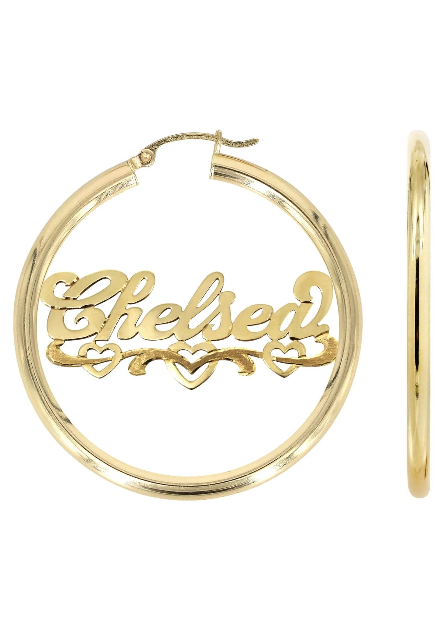 14K Ladies Diamond Cut Heart Name Plate Hoop Earrings