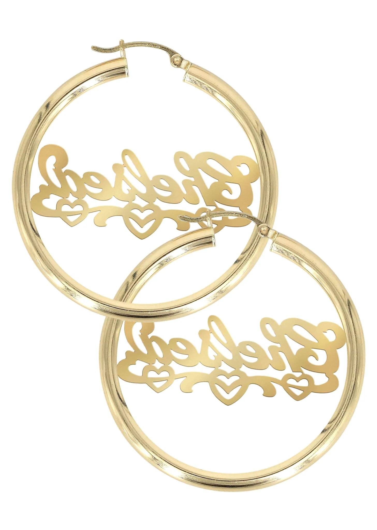 14K Ladies Diamond Cut Heart Name Plate Hoop Earrings - Image 2