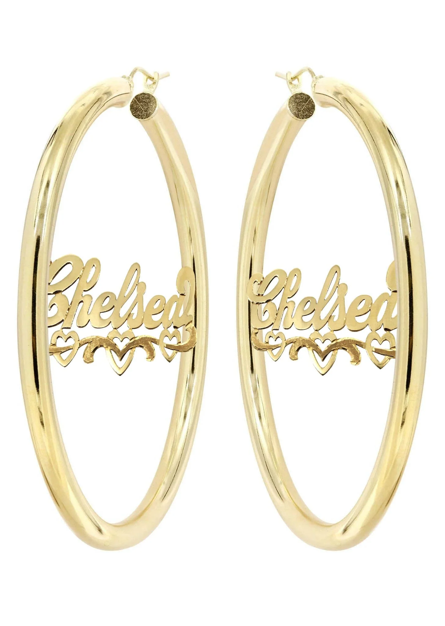 14K Ladies Diamond Cut Heart Name Plate Hoop Earrings - Image 3