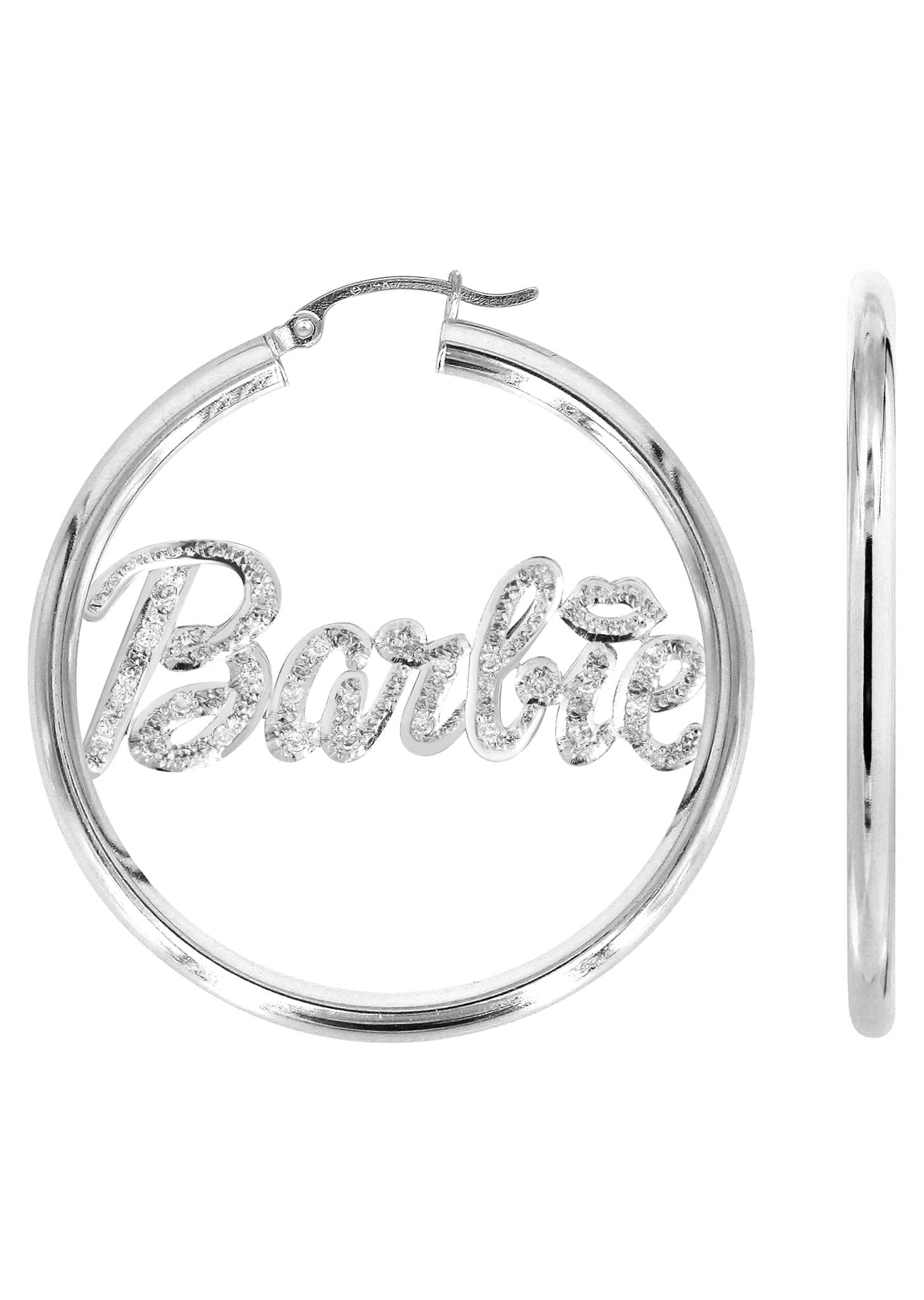 14K Ladies Diamond Cut with Diamonds Name Plate Hoop Earrings