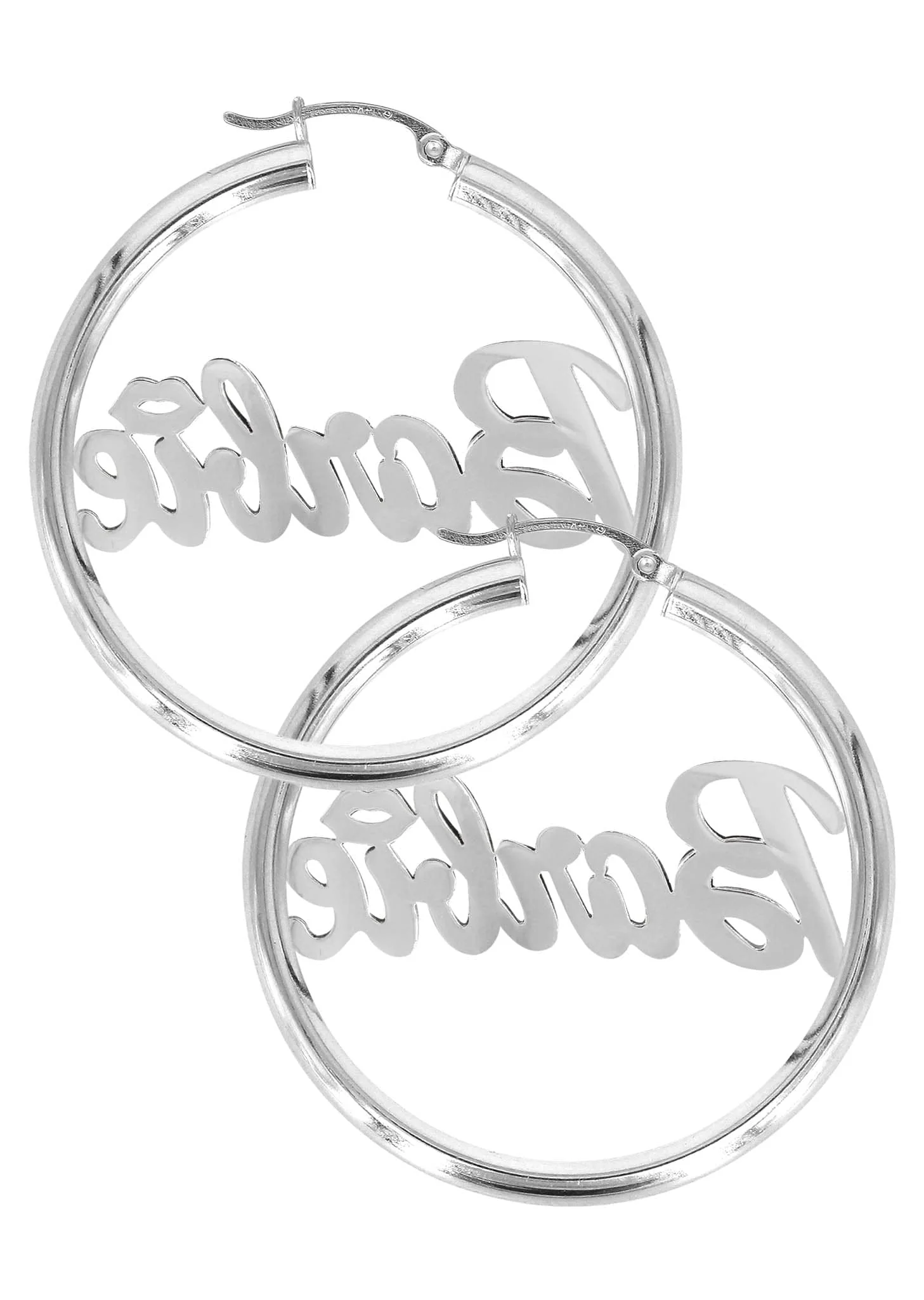 14K Ladies Diamond Cut with Diamonds Name Plate Hoop Earrings - Image 2