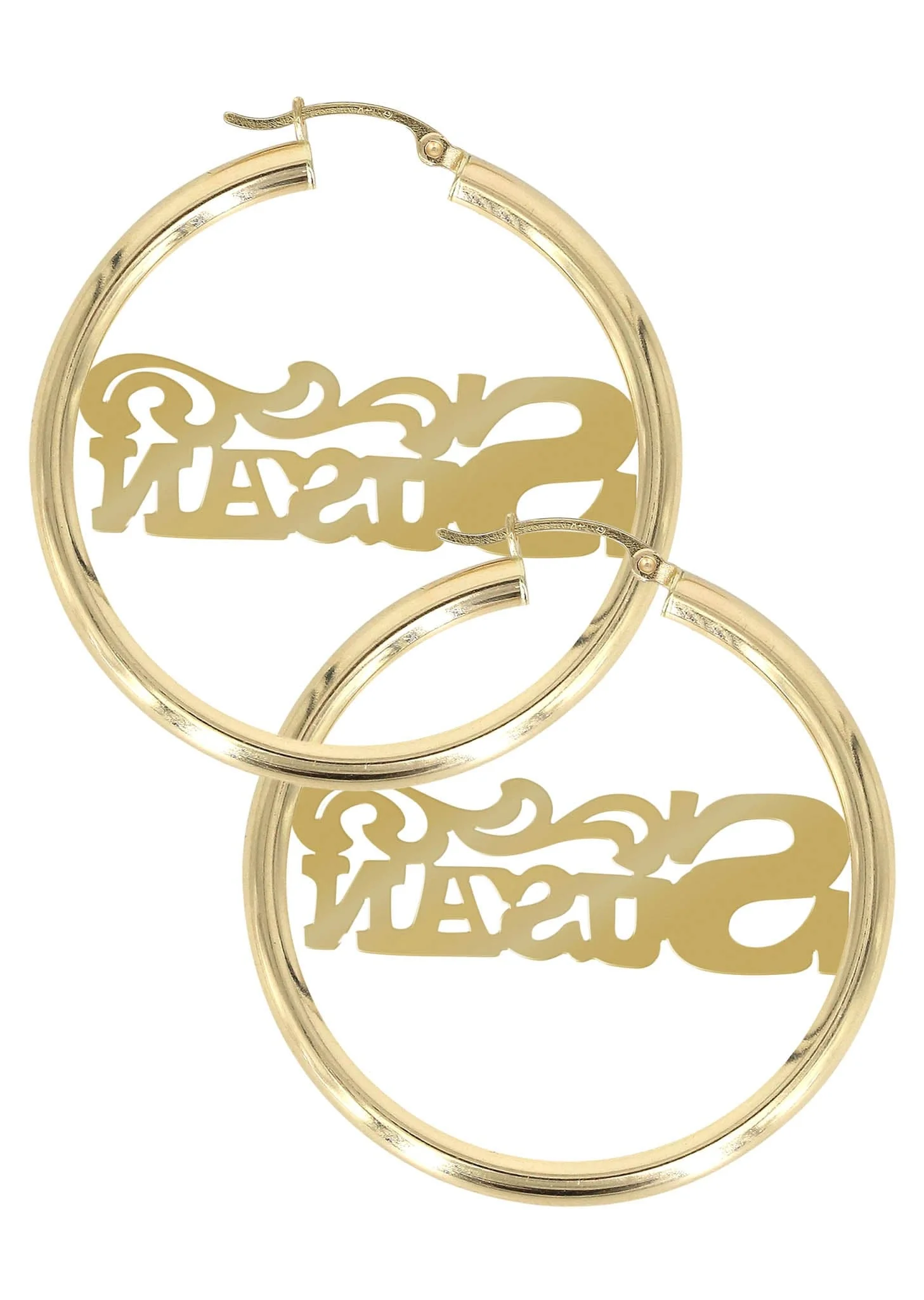 14K Ladies Name Diamond Cut Name Plate Hoop Earrings - Image 2