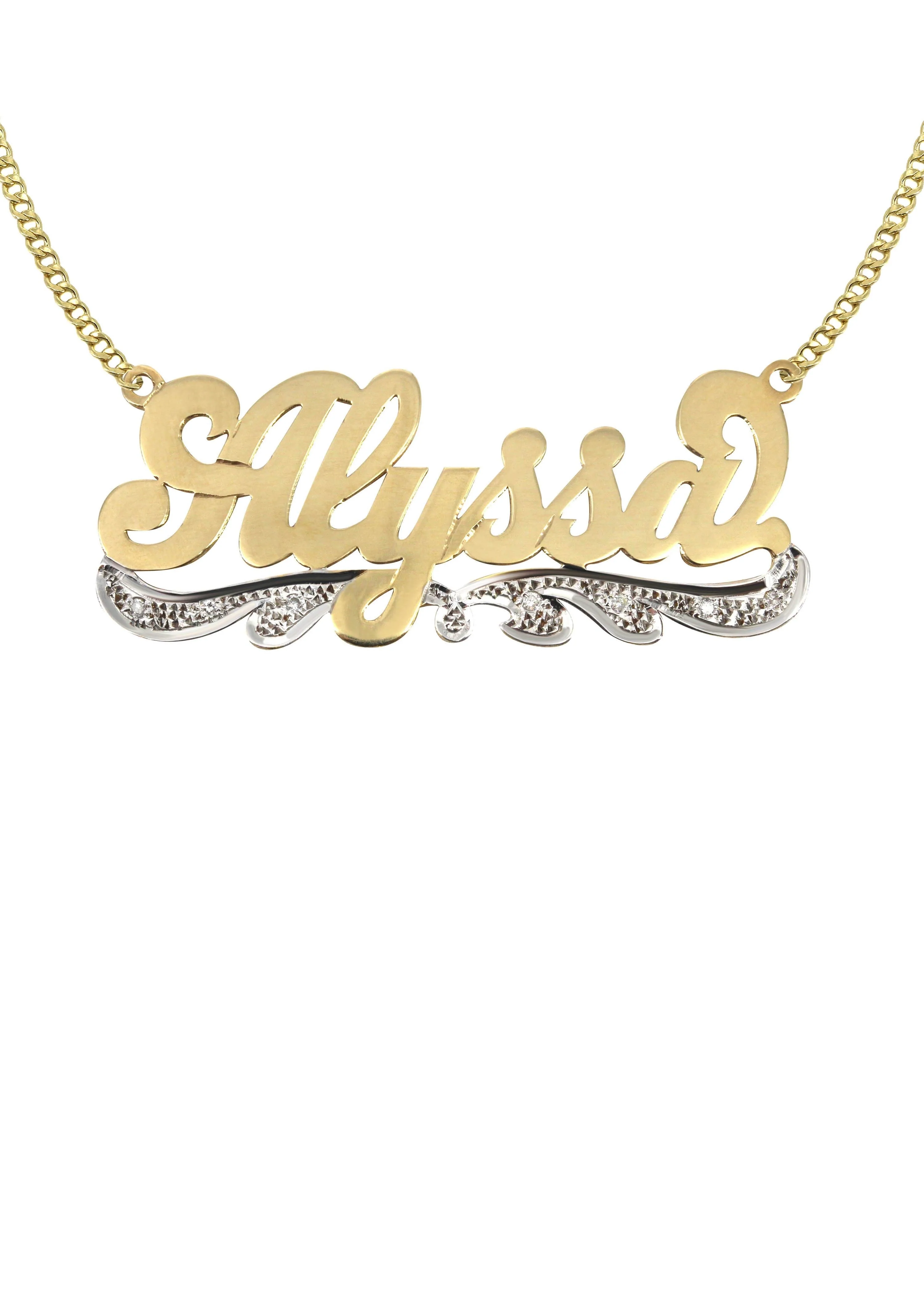 14K Gold Plain & Diamond Cut with Diamonds Name Plate Necklace | Style #65