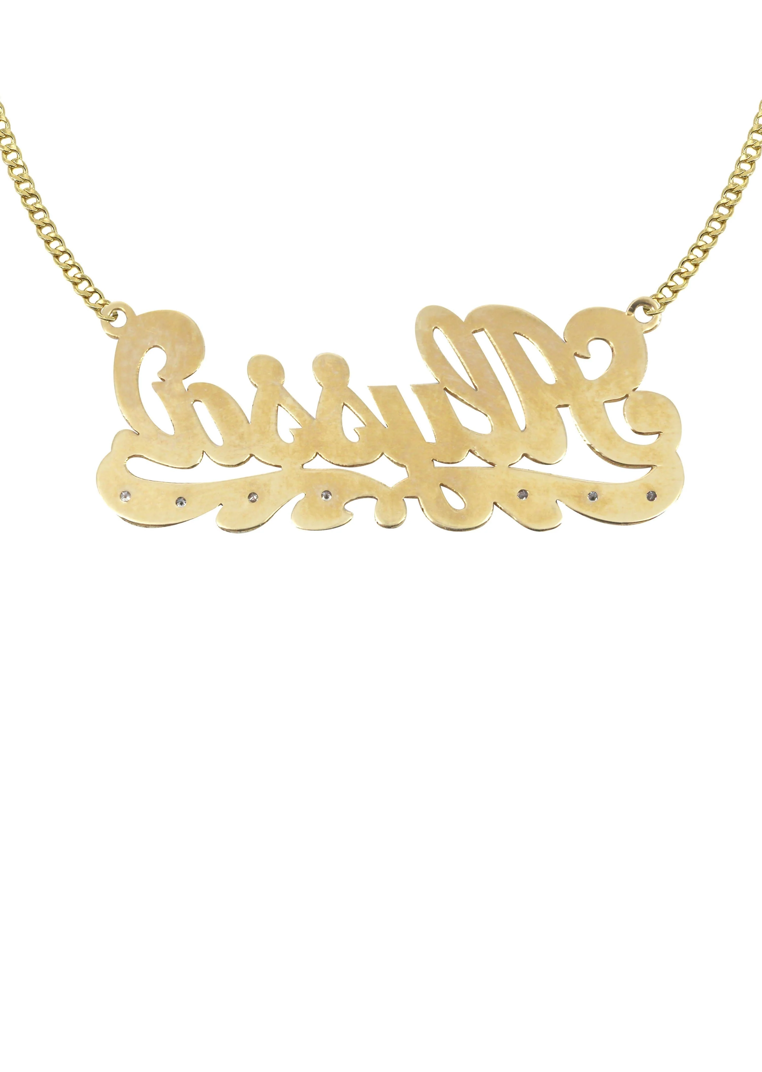 14K Gold Plain & Diamond Cut with Diamonds Name Plate Necklace | Style #65 - Image 2