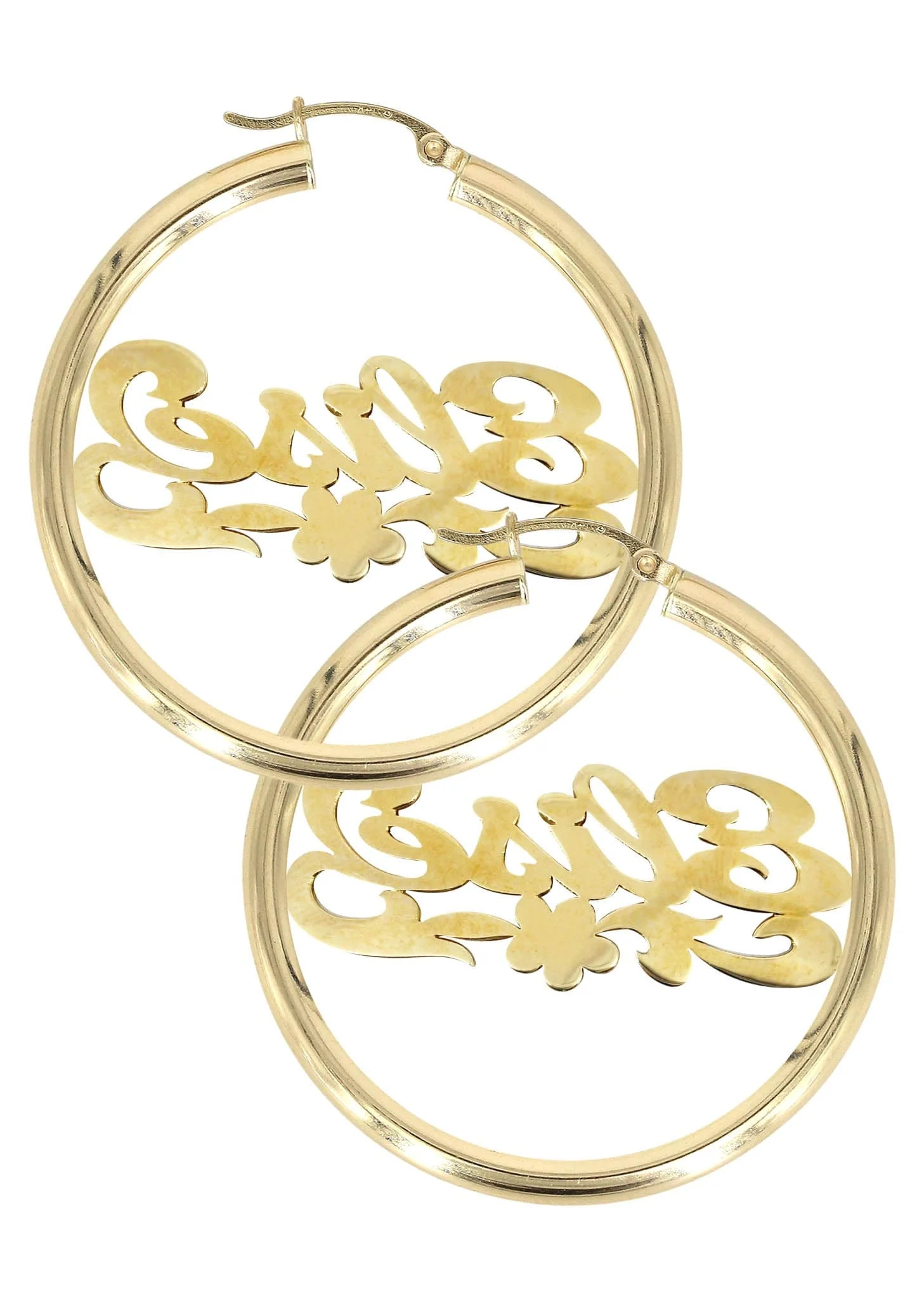 14K Ladies Two Tone Diamond Cut Name Plate Hoop Earrings - Image 2
