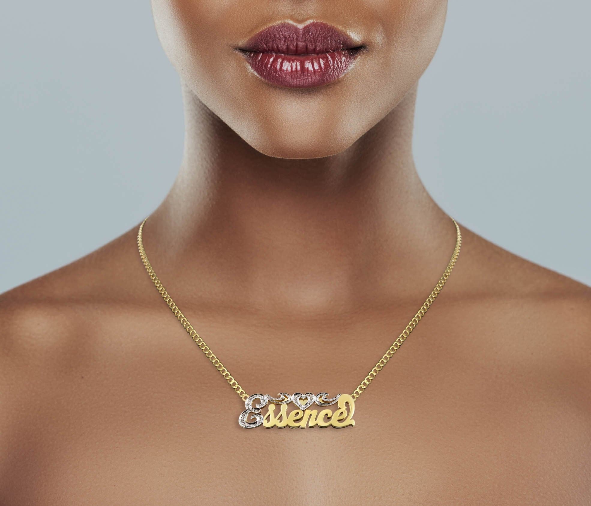 14K Gold  Two Tone Diamond Cut Name Plate Necklace | Style #57 - Image 4
