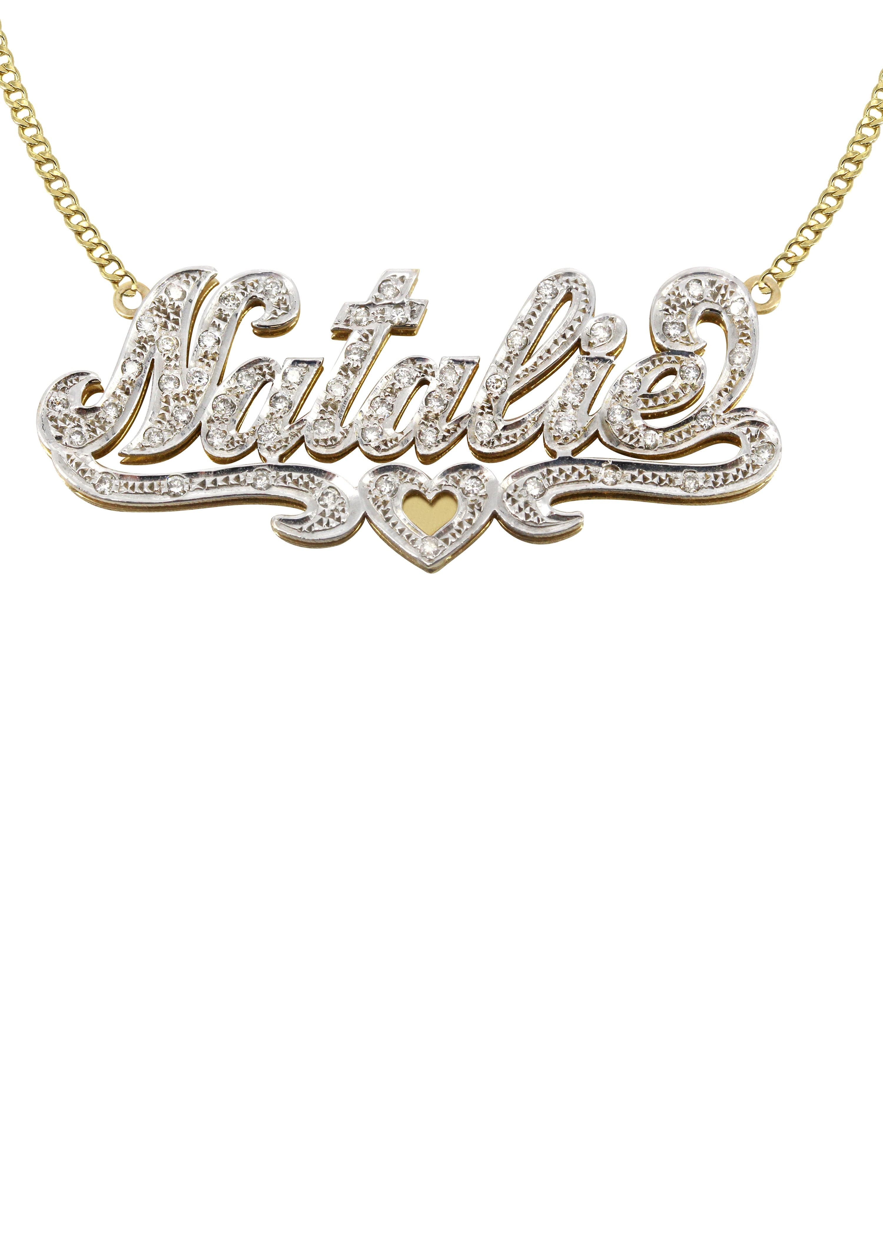 14K Gold  Two Tone  Diamonds Name Plate Necklace | Style #3