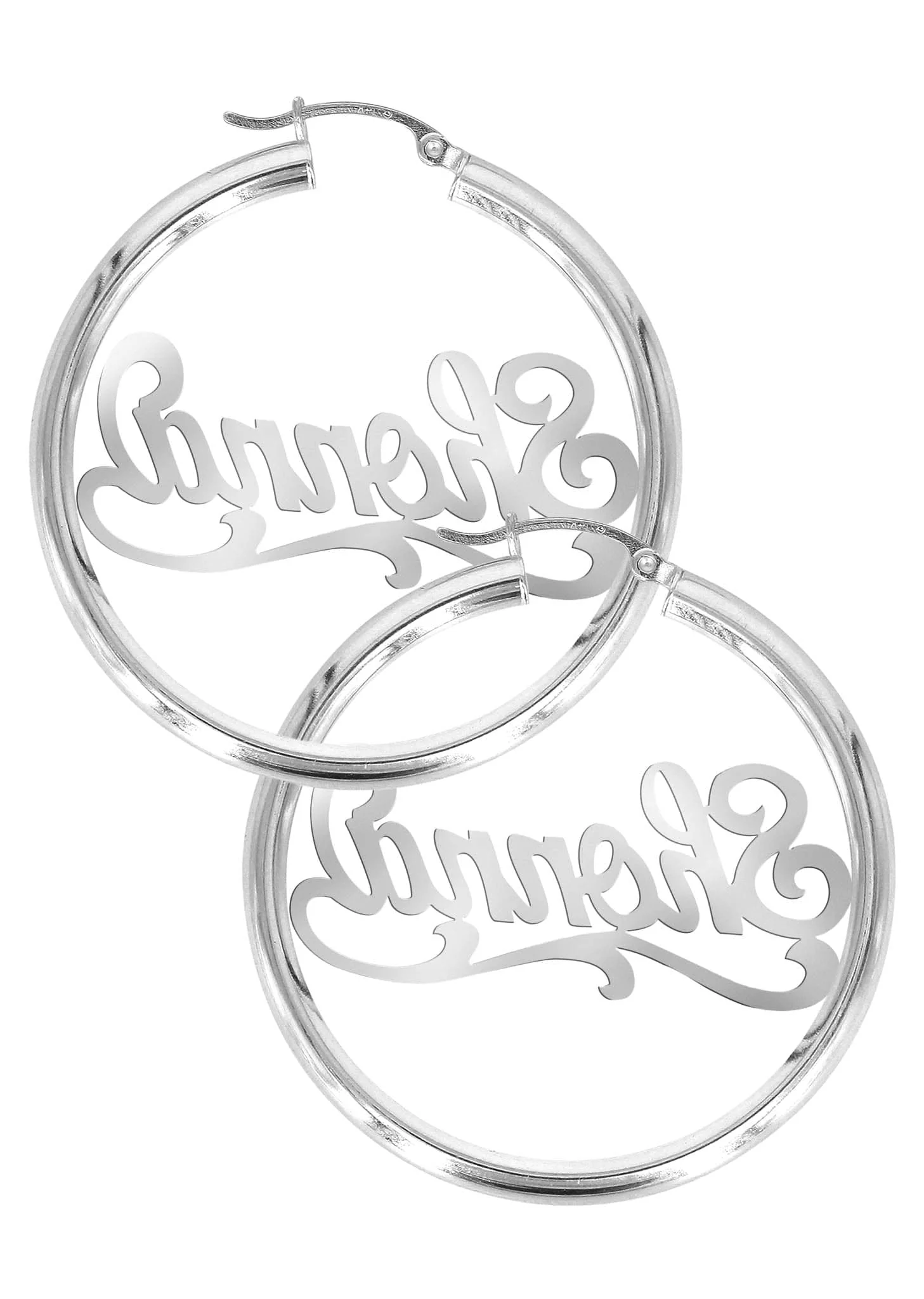 14K Ladies White Gold Name Plate Hoop Earrings - Image 2
