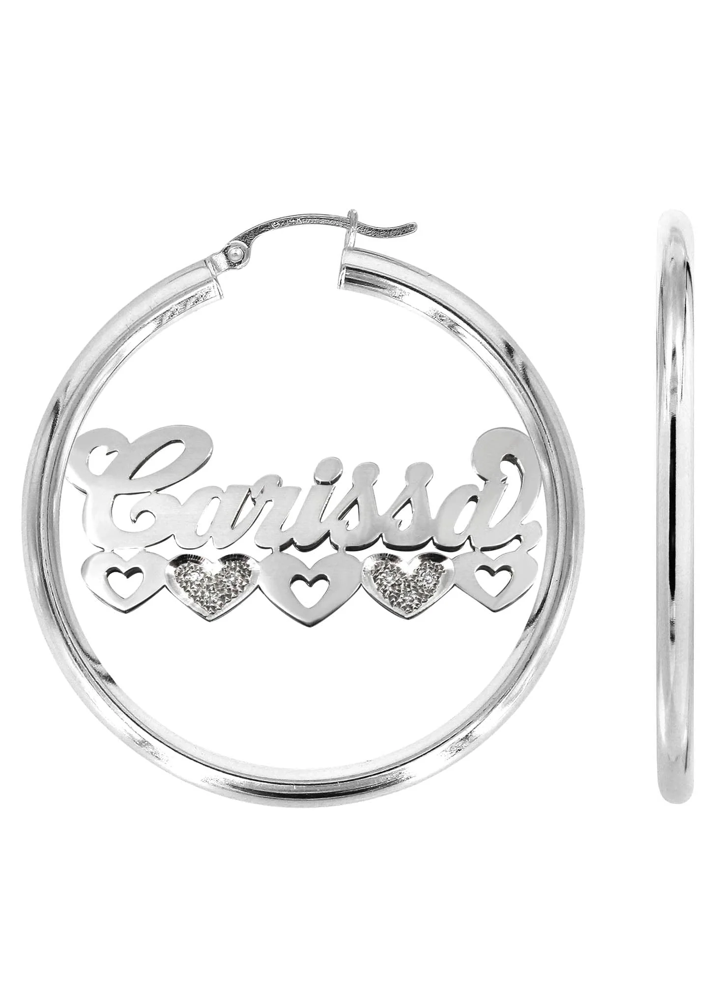 14K Ladies White Gold with Diamonds Name Plate Hoop Earrings