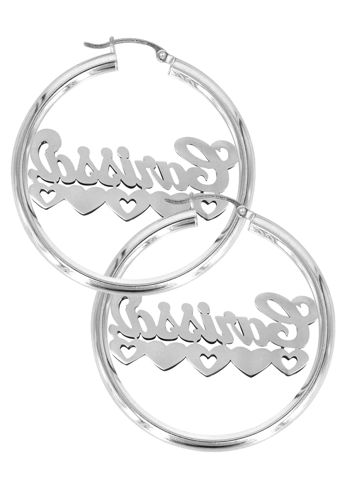 14K Ladies White Gold with Diamonds Name Plate Hoop Earrings - Image 2