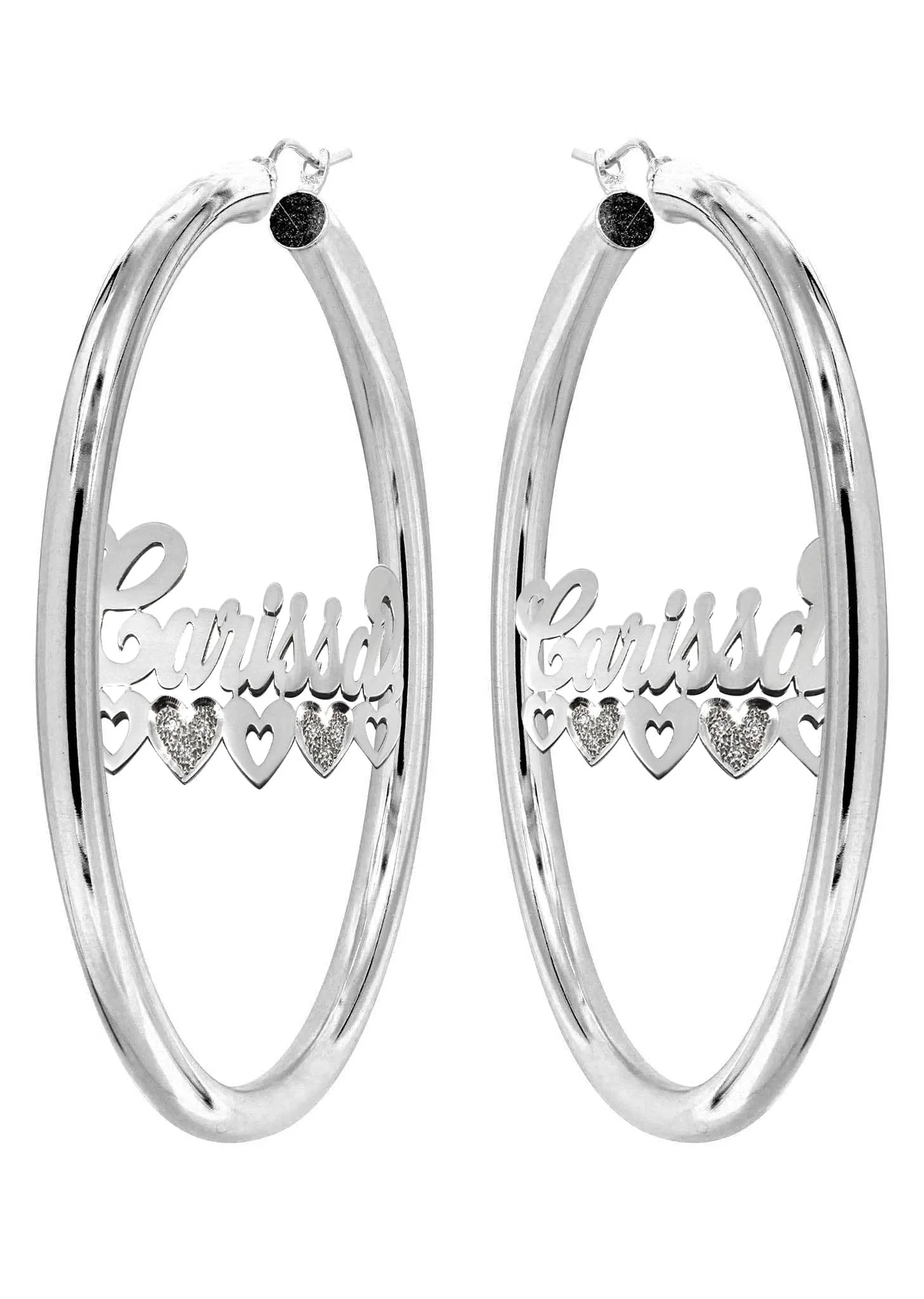 14K Ladies White Gold with Diamonds Name Plate Hoop Earrings - Image 3