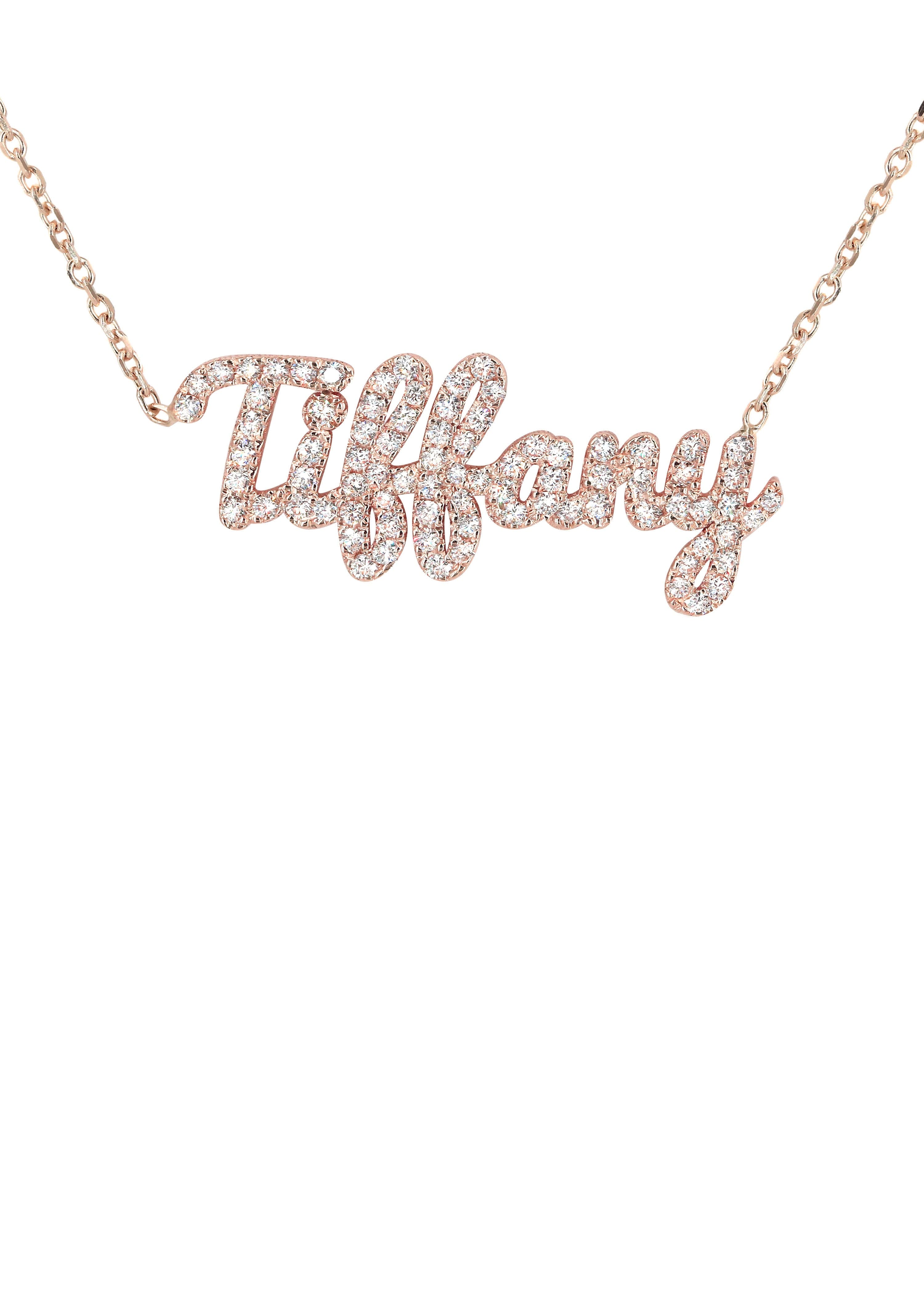 14K Rose Gold  Full Diamond Script Name Plate Necklace | Style #115