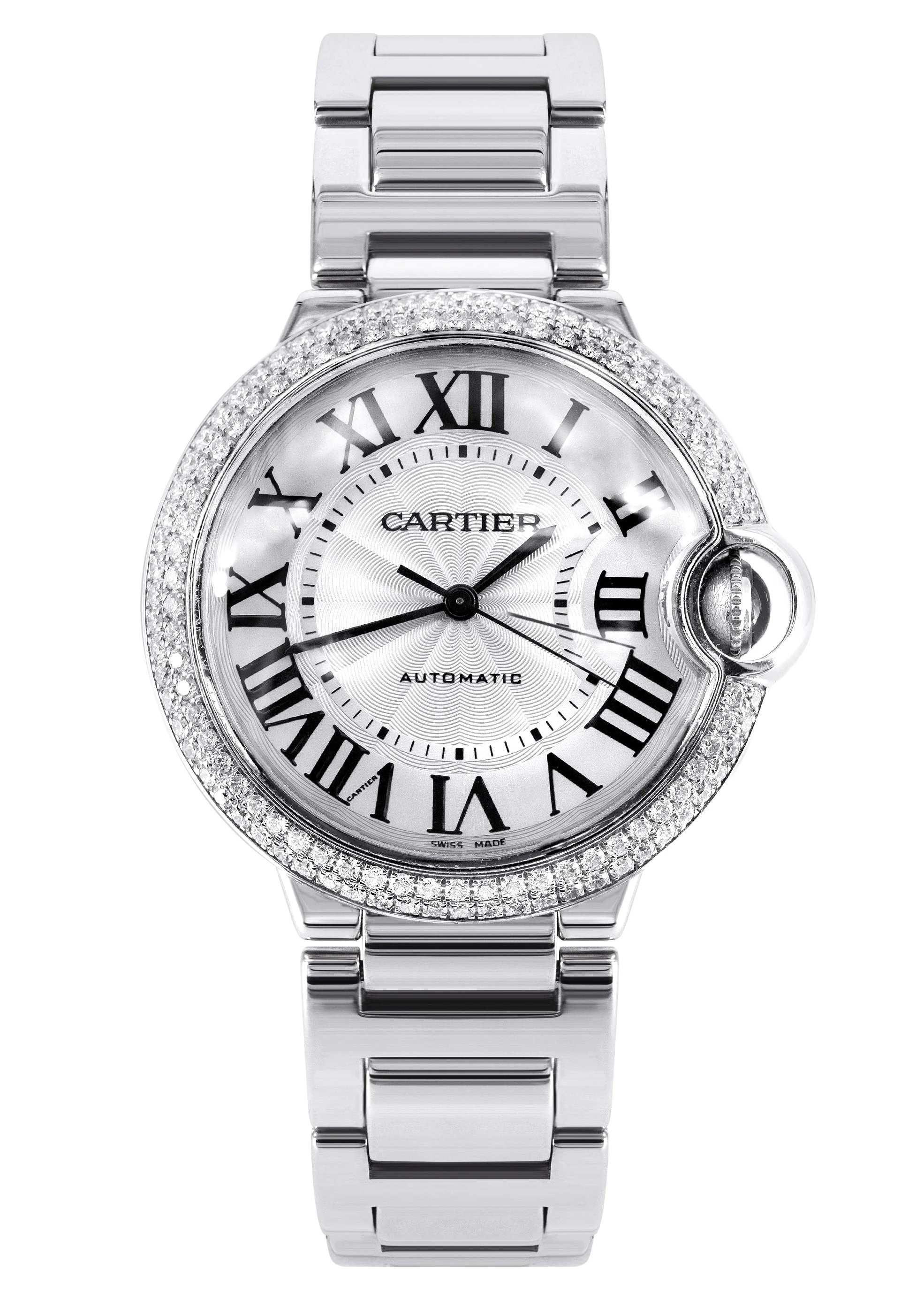 CARTIER DIAMOND BALLON BLEU WATCH IN 18K WHITE GOLD| DIAMOND BEZEL | WHITE ROMAN DIAL | 36 MM