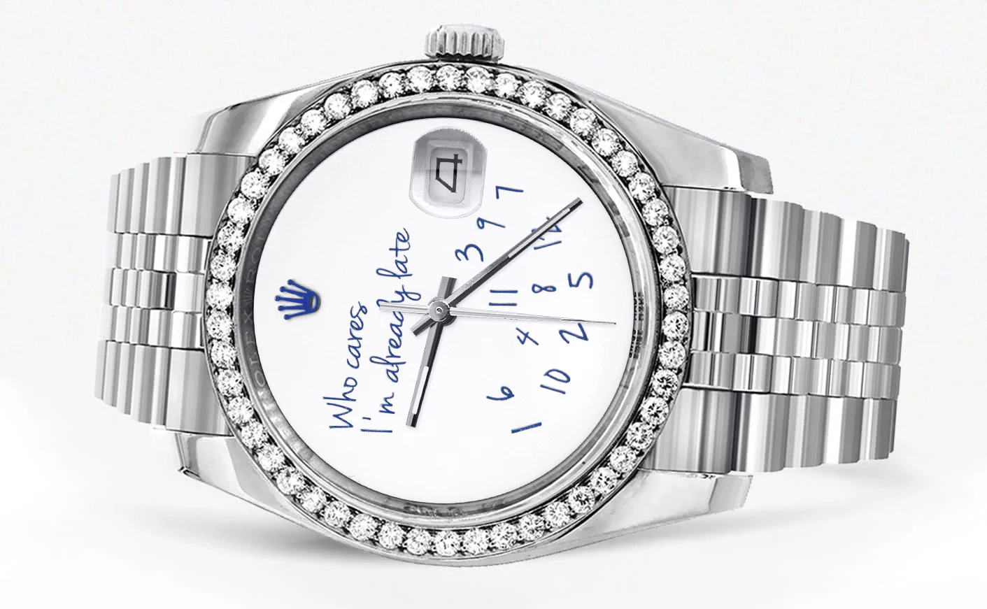 116200 | Hidden Clasp | Diamond Rolex Datejust Watch | 36Mm | "Who Cares I'm Already Late" Custom Dial | Jubilee Band - Image 2