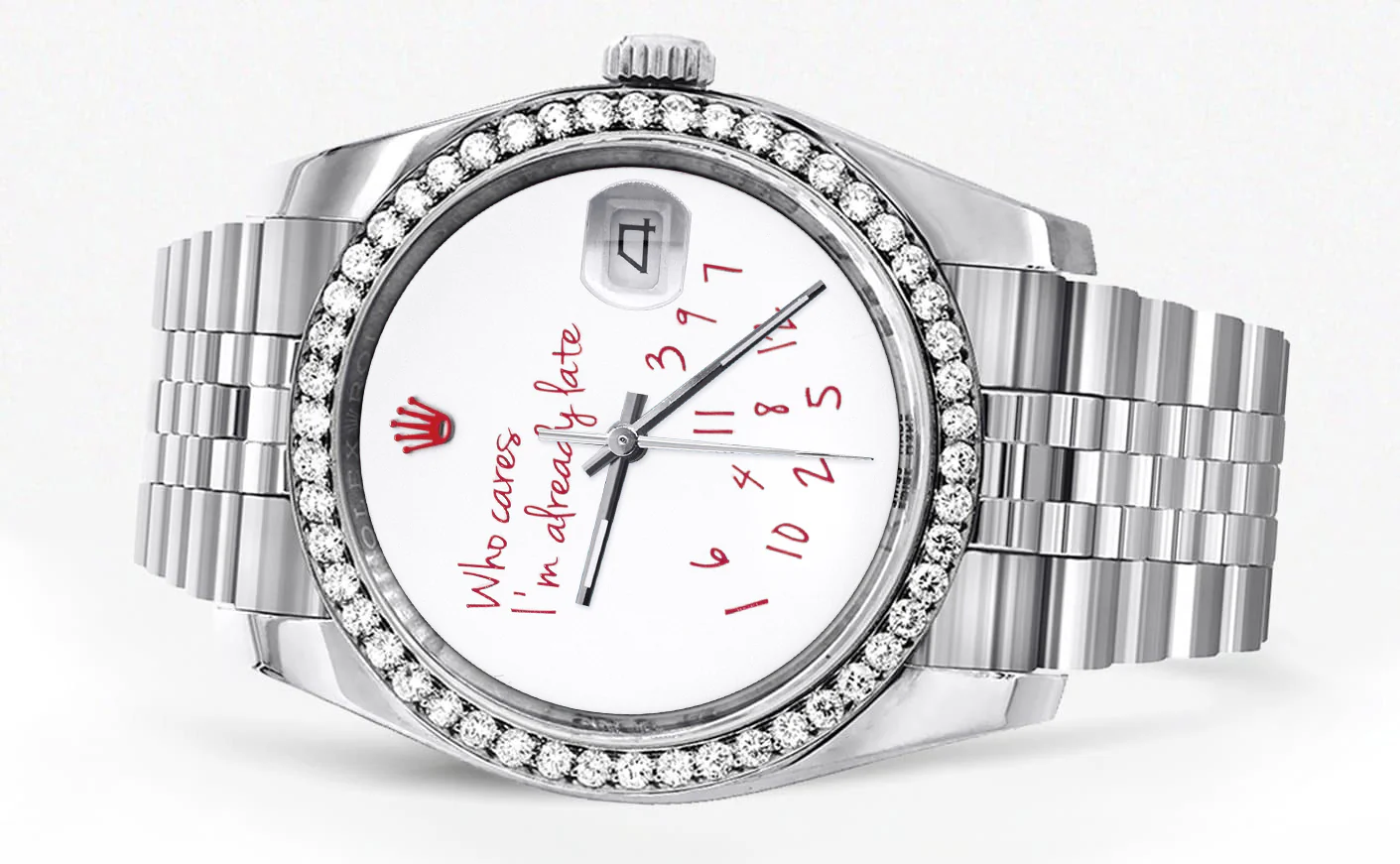 116200 | Hidden Clasp | Diamond Rolex Datejust Watch | 36Mm | "Who Cares I'm Already Late" Custom Dial | Jubilee Band - Image 9