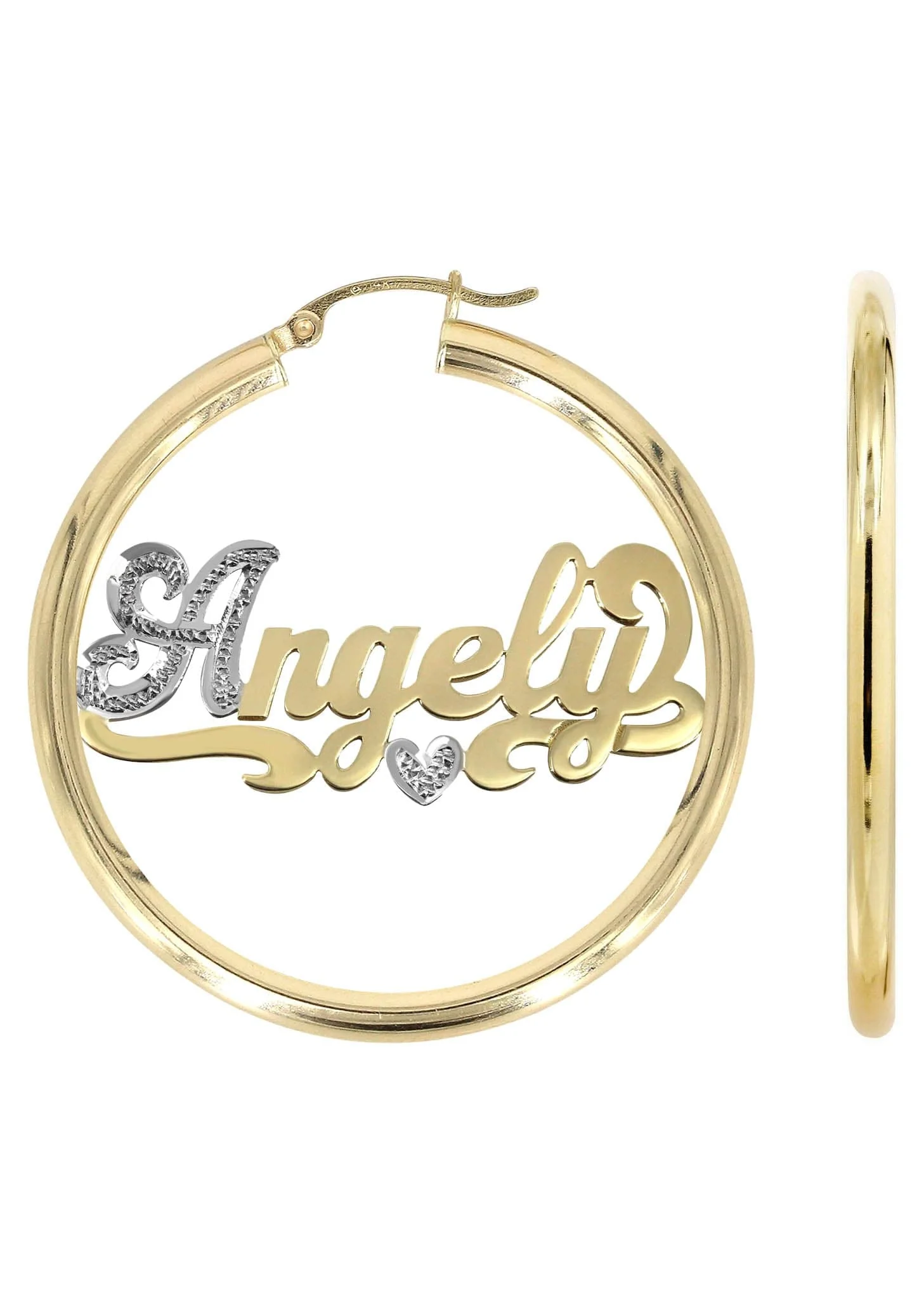 14K Ladies Two Tone Name Plate Hoop Earrings