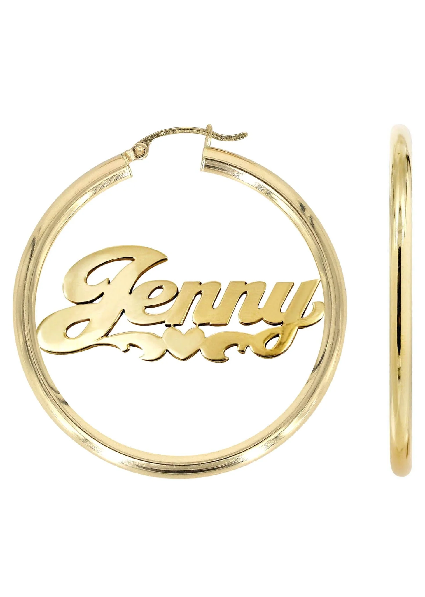 14K Ladies Plain Heart Name Plate Hoop Earrings
