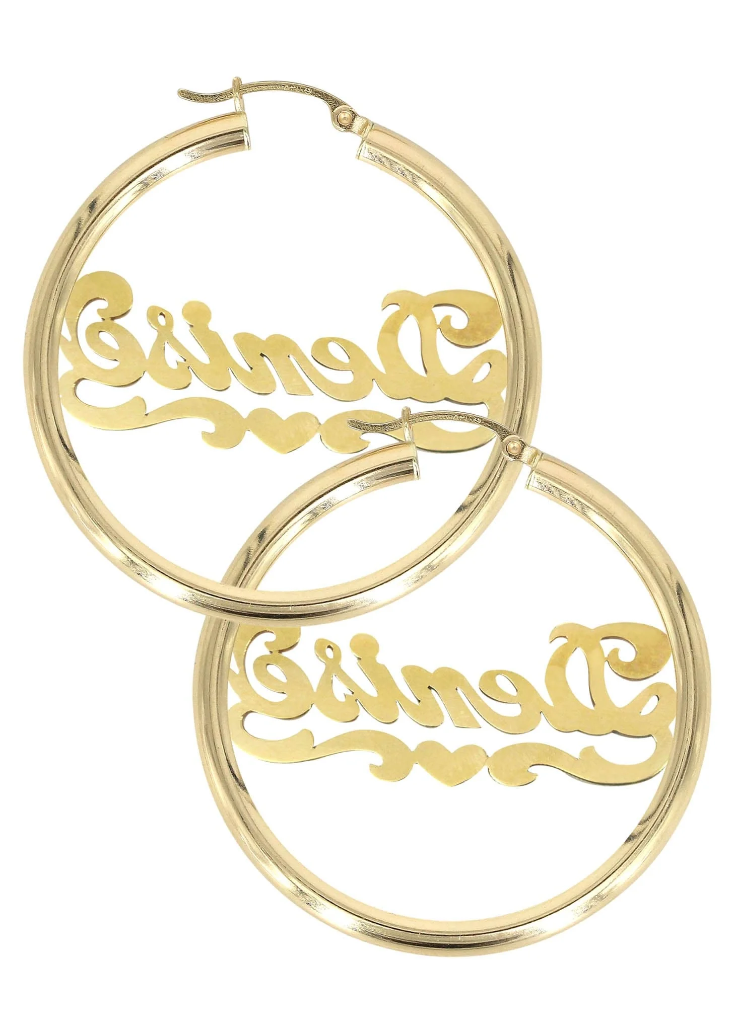 14K Ladies Diamond Cut Heart Name Plate Hoop Earrings - Image 2