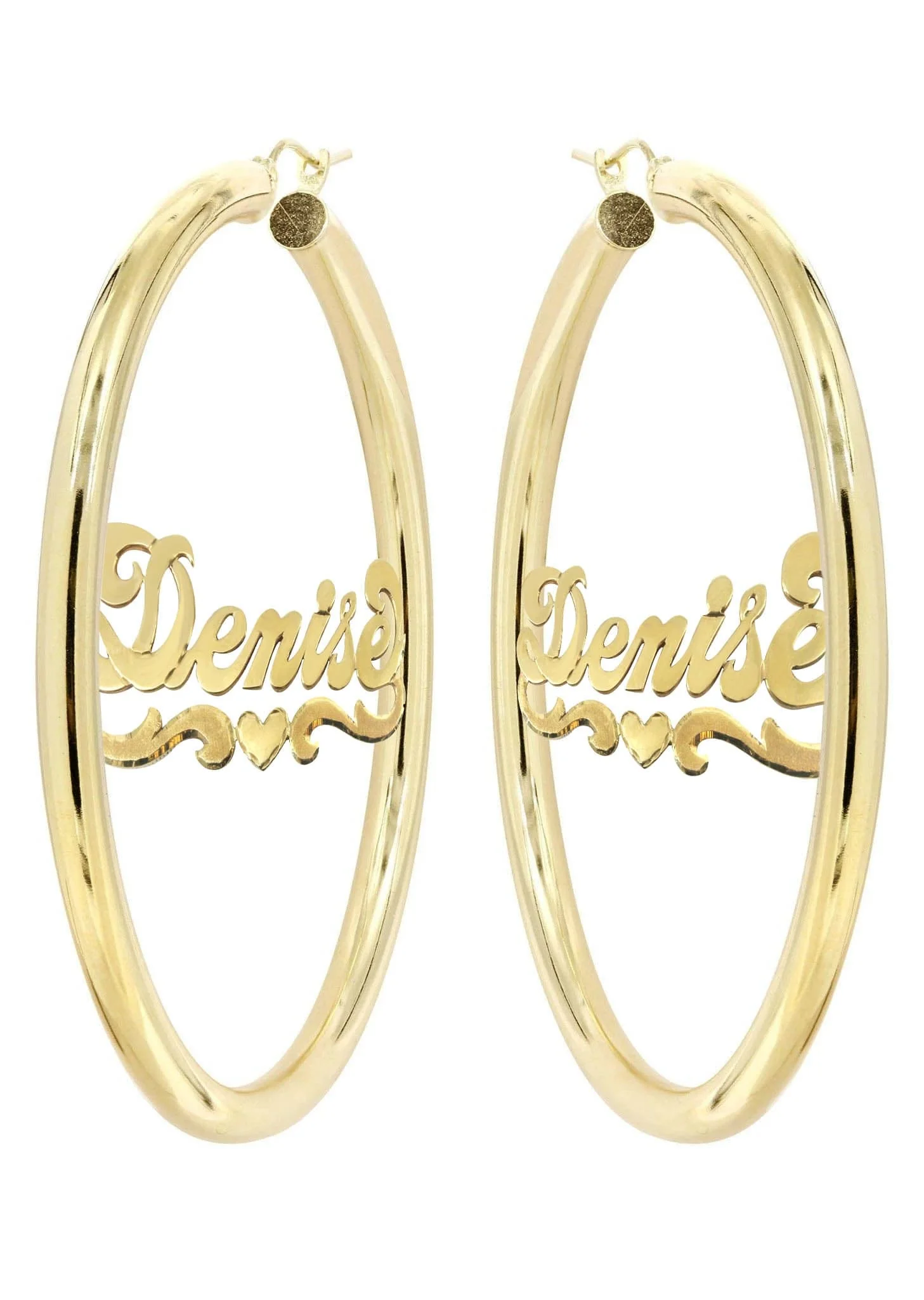 14K Ladies Diamond Cut Heart Name Plate Hoop Earrings - Image 3
