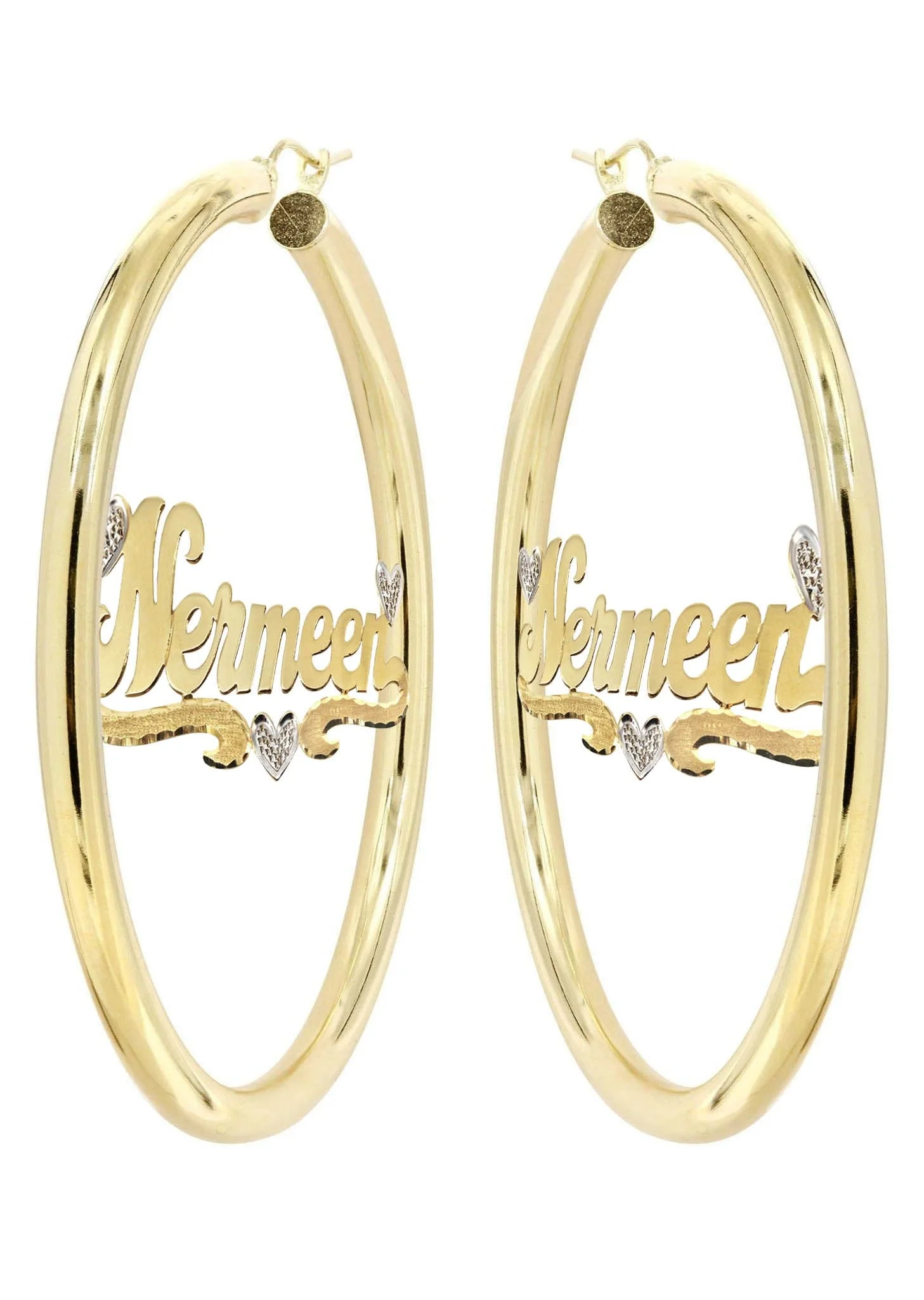 14K Ladies Two Tone Hearts Name Plate Hoop Earrings - Image 3
