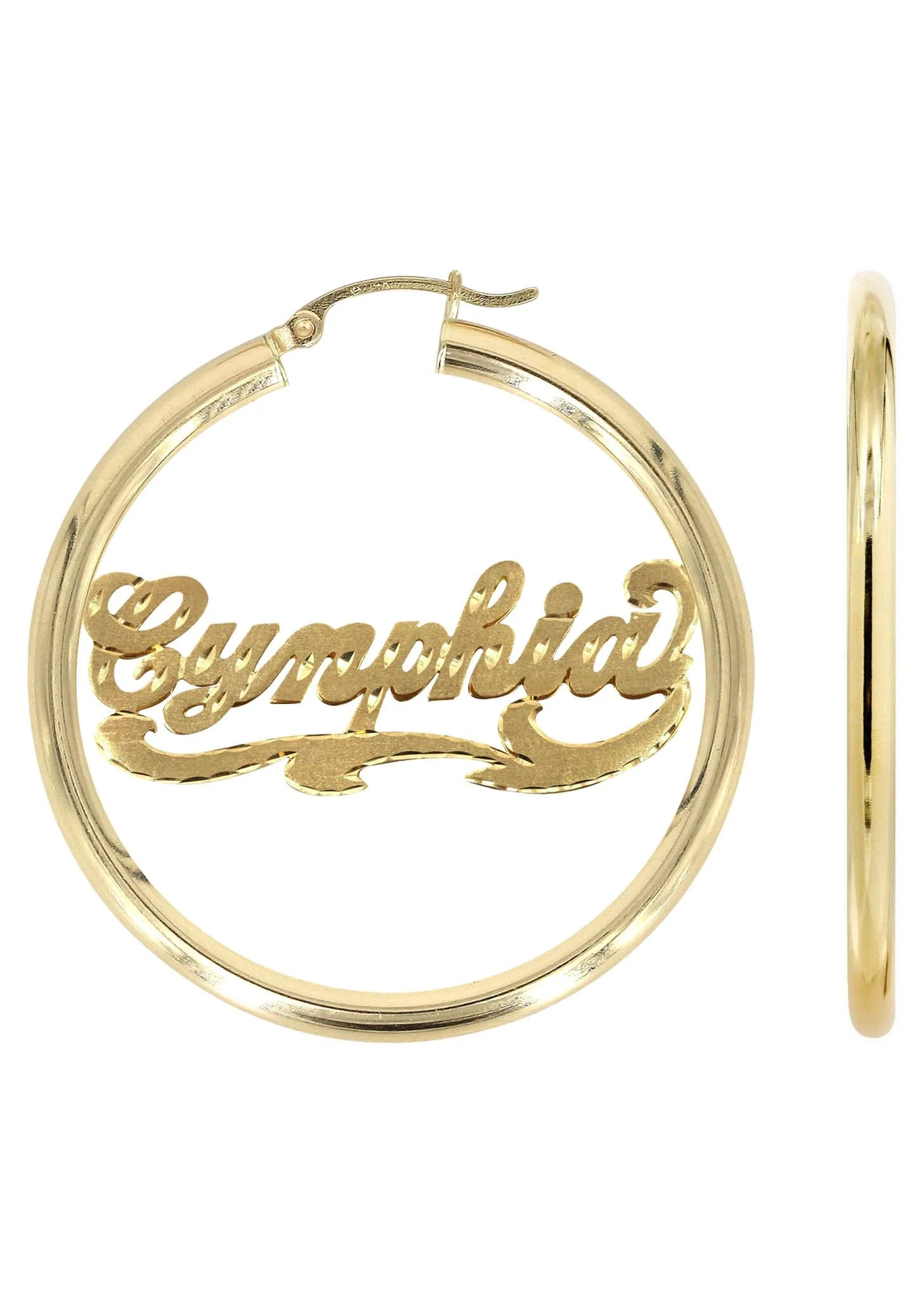 14K Ladies Diamond Cut Name Plate Hoop Earrings