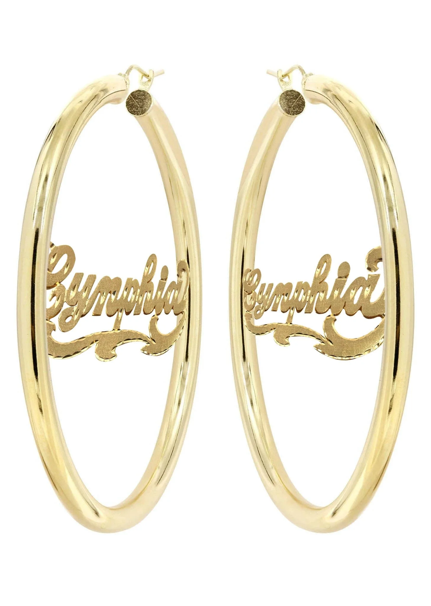 14K Ladies Diamond Cut Name Plate Hoop Earrings - Image 3
