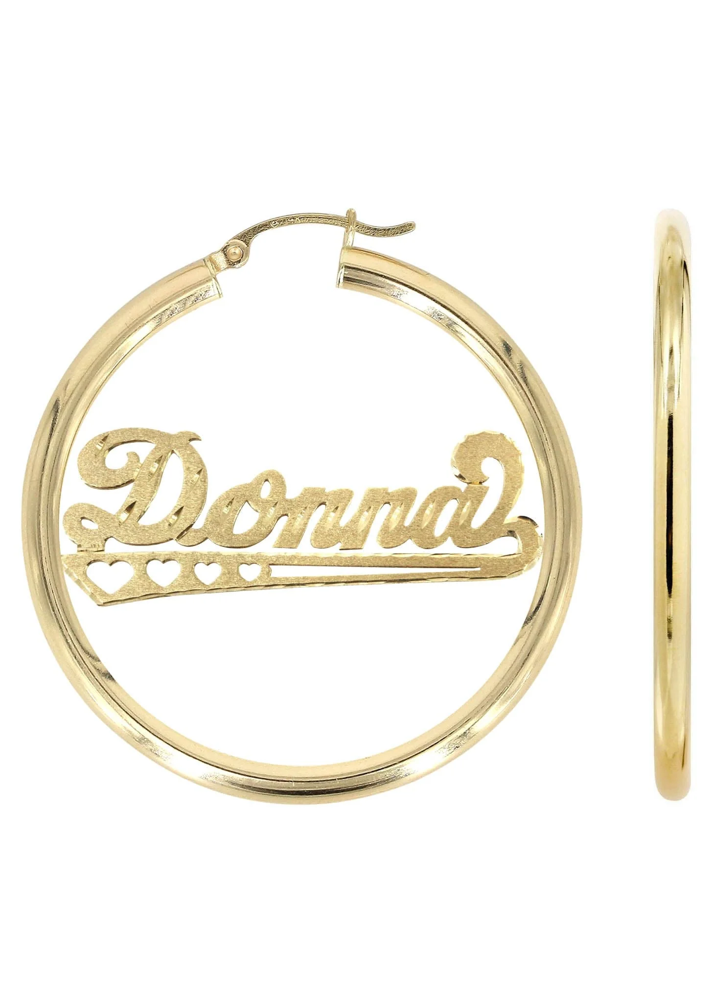 14K Ladies Diamond Cut Heart Name Plate Hoop Earrings