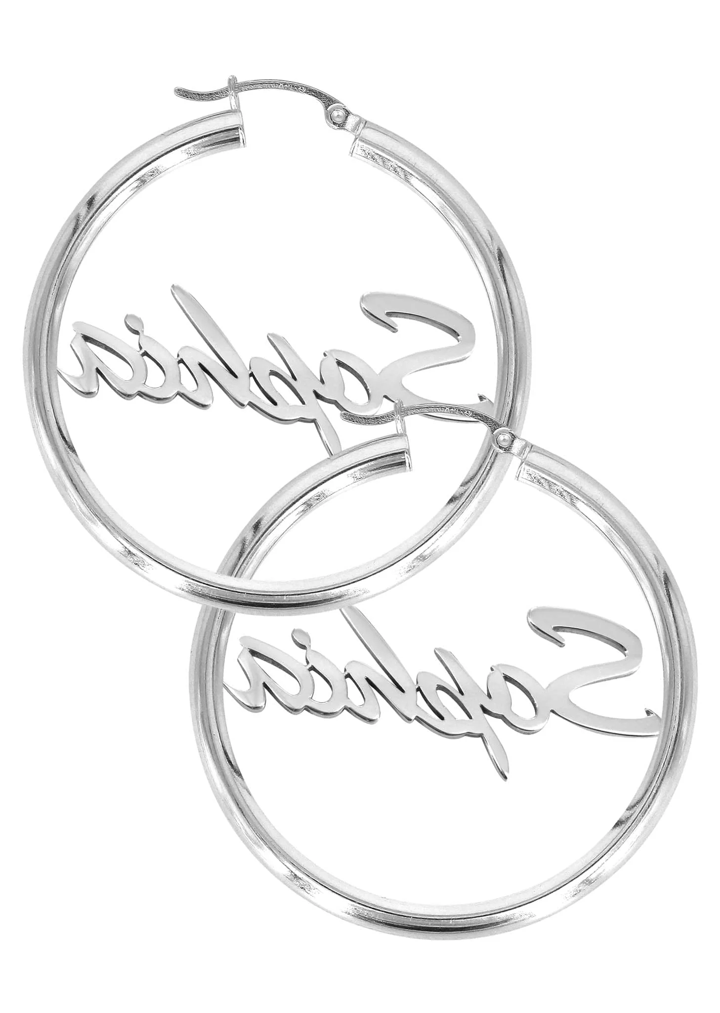 14K Ladies White Gold Name Plate Hoop Earrings - Image 2