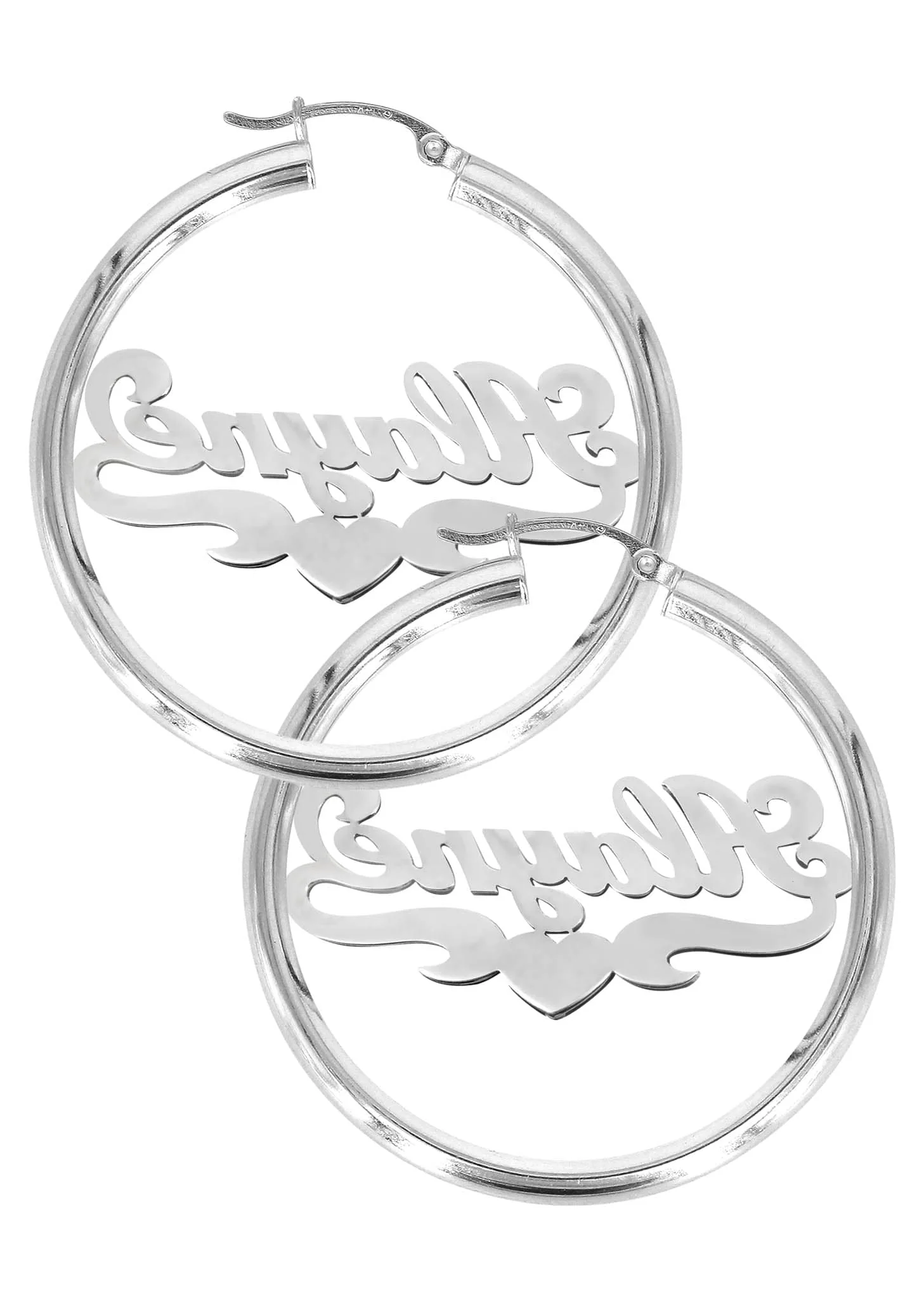14K Ladies White Gold with Diamonds Name Plate Hoop Earrings - Image 2