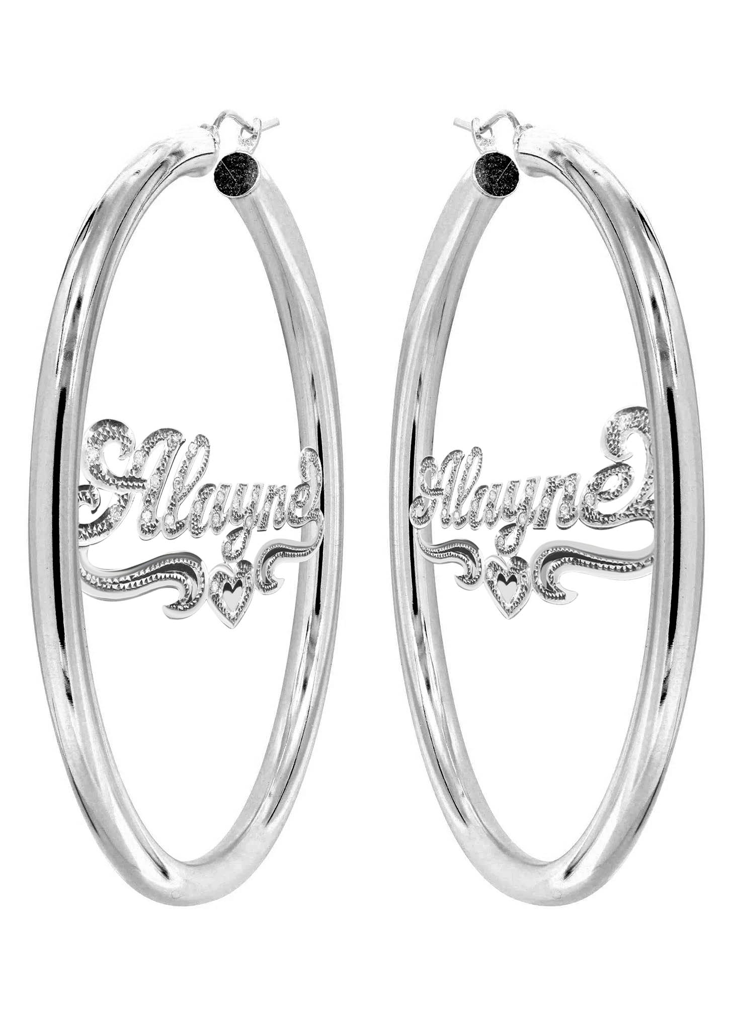 14K Ladies White Gold with Diamonds Name Plate Hoop Earrings - Image 3