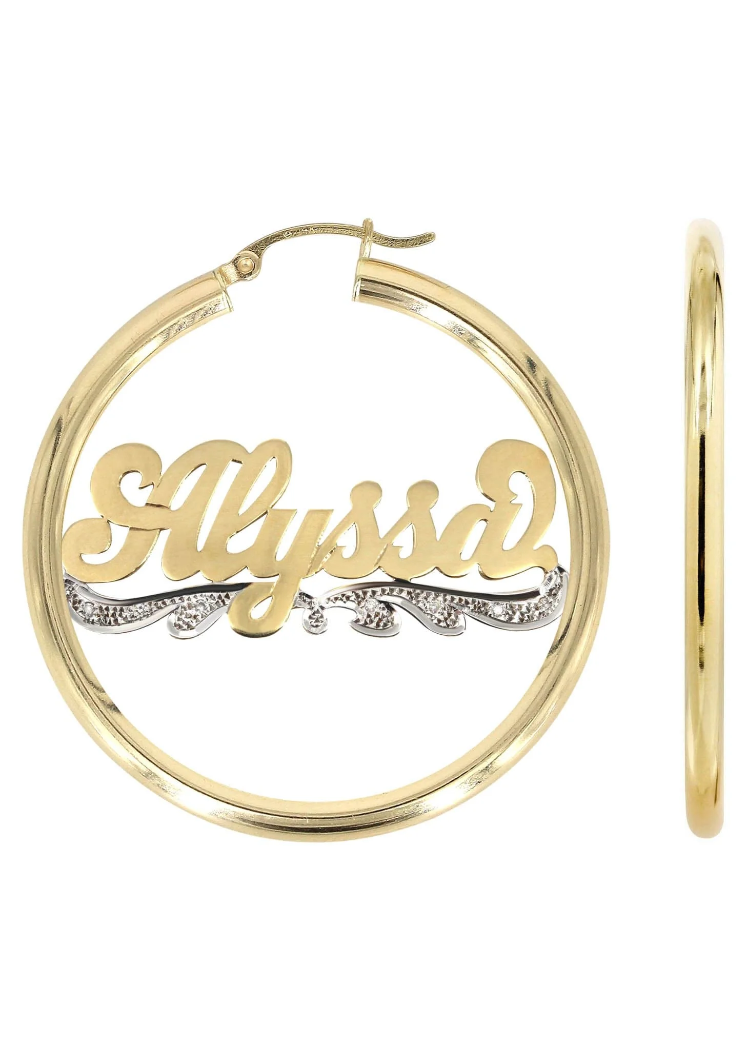 14K Ladies Plain & Diamond Cut with Diamonds Name Plate Hoop Earrings