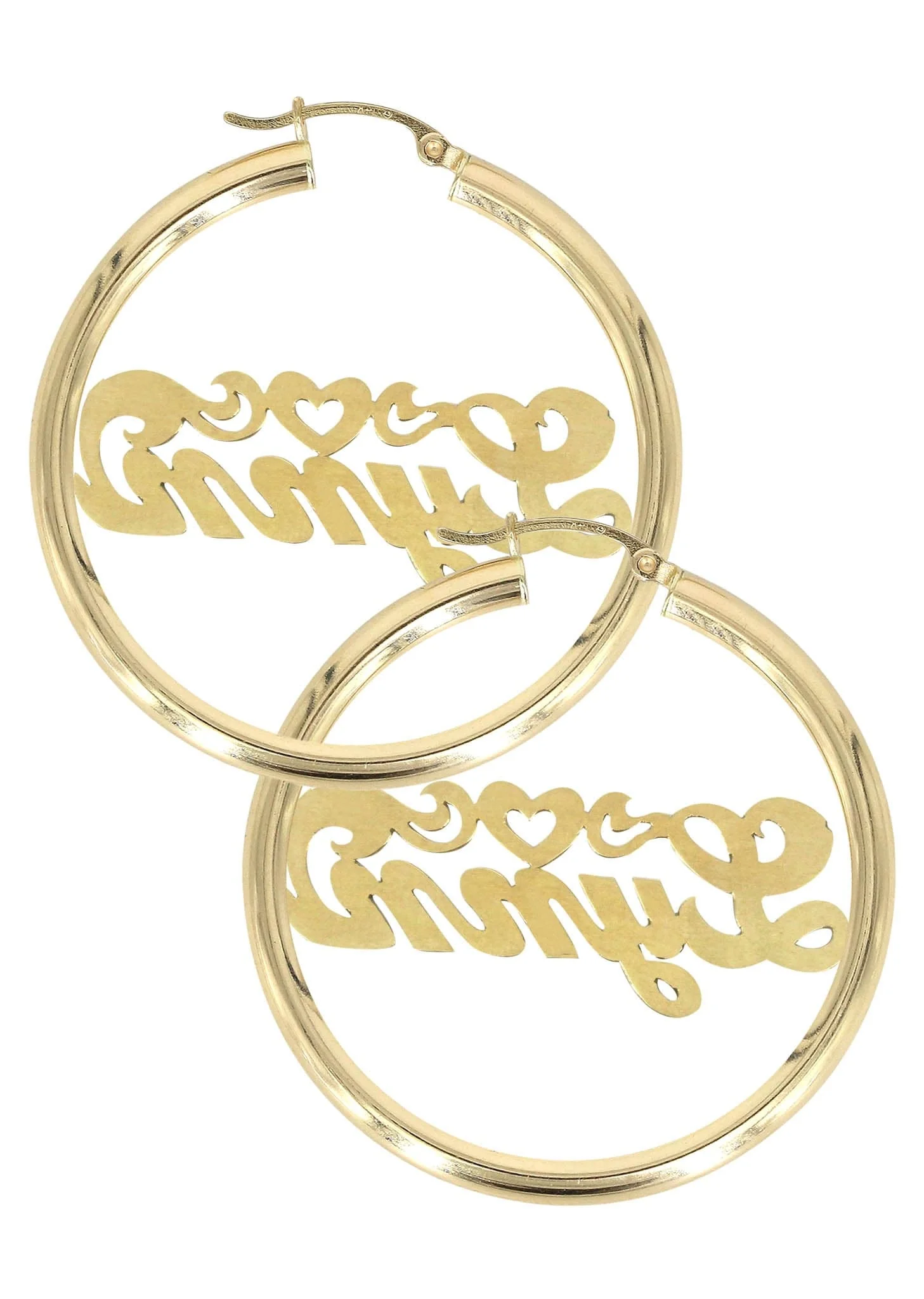 14K Ladies Diamond Cut Heart Name Plate Hoop Earrings - Image 2