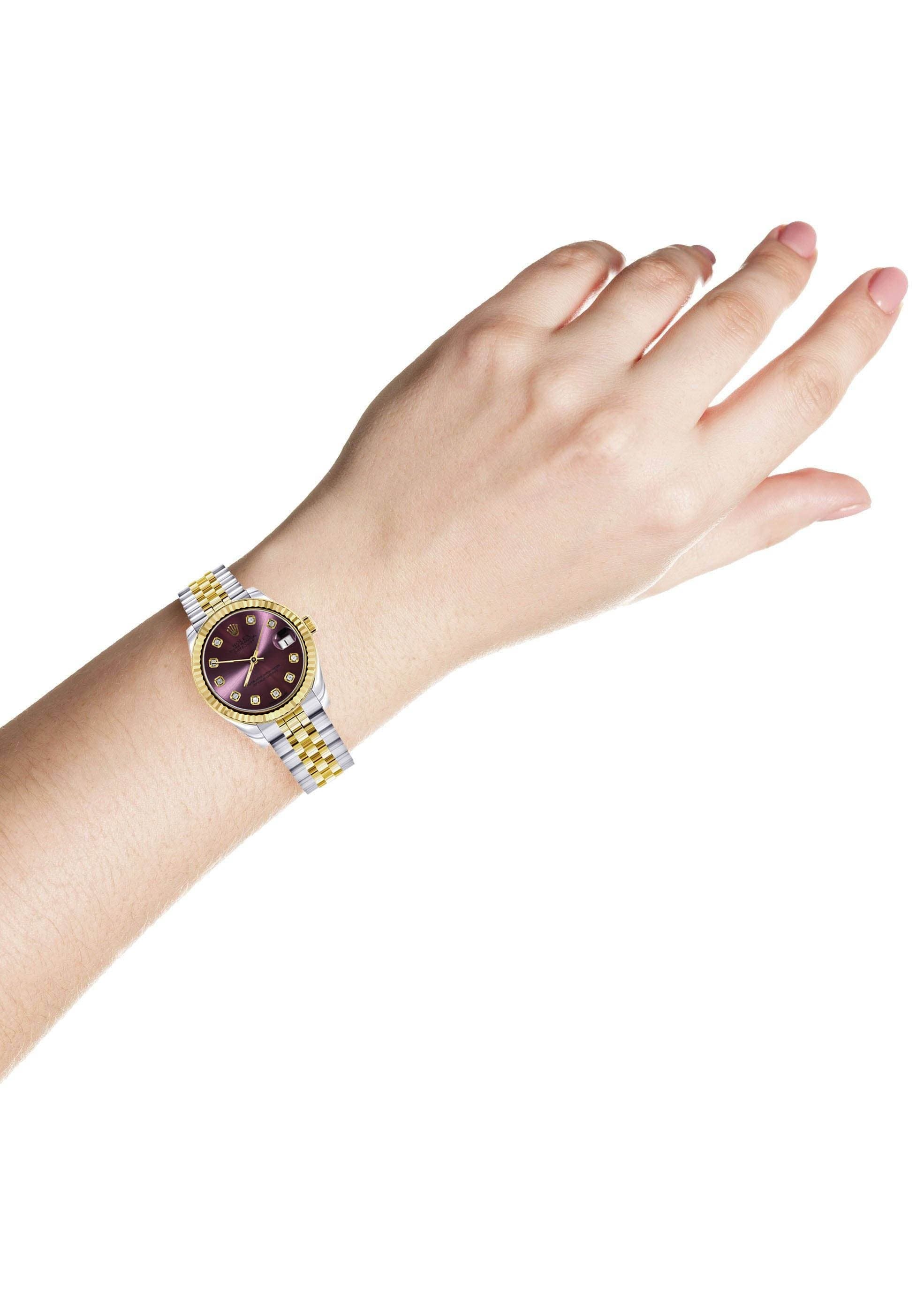 Diamond Gold Rolex Watch | 68273 | Fluted Bezel | 31MM | Purple Diamond Dial | Jubilee Band - Image 4