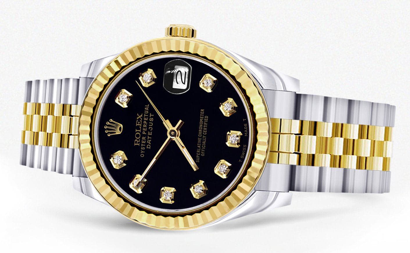 Diamond Gold Rolex Watch | 68273 | Fluted Bezel | 31MM | Black Diamond Dial | Jubilee Band - Image 2