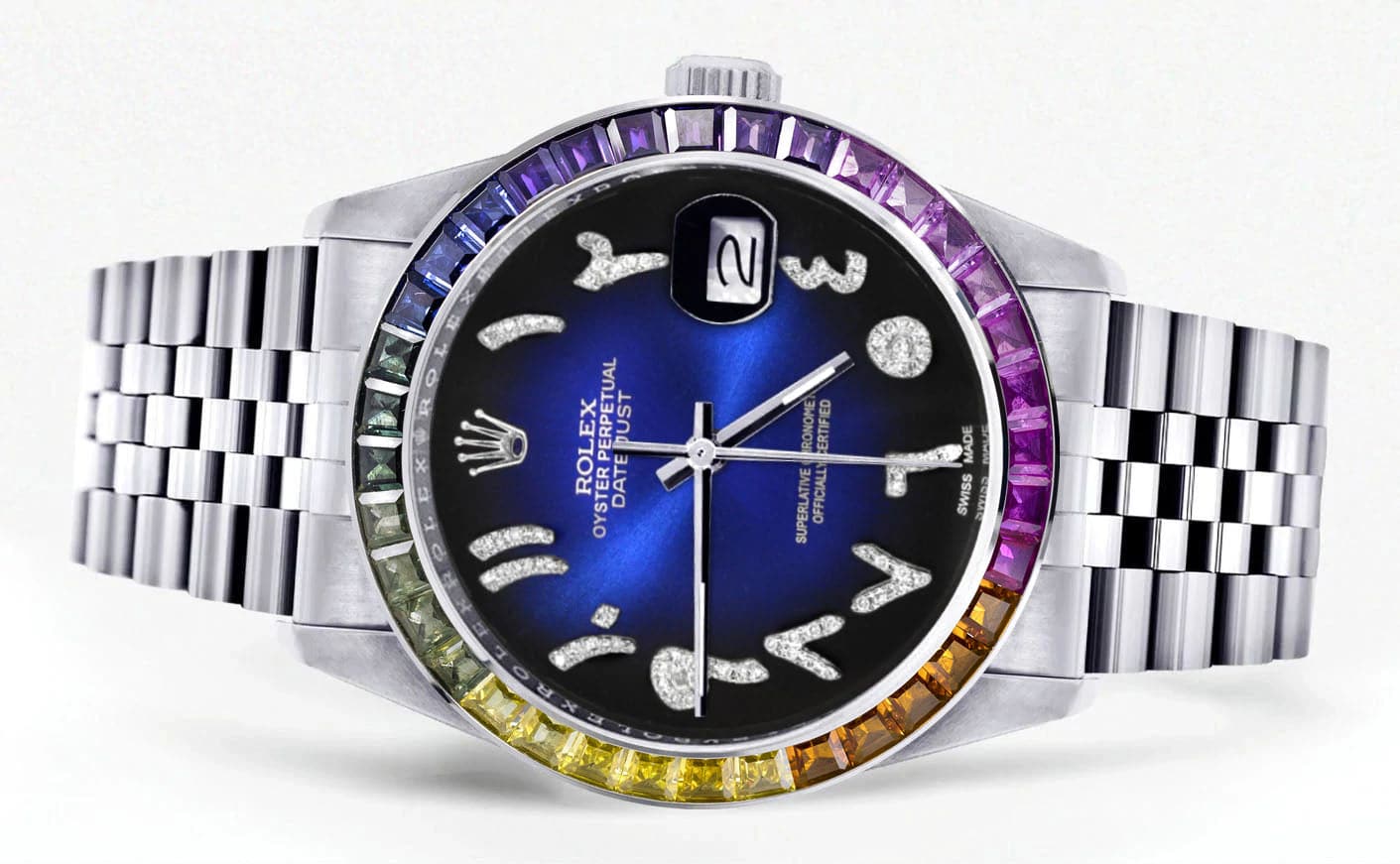 Diamond Gold Rolex Watch For Men 16200 | 36Mm | Rainbow Sapphire Bezel | Blue Black Arabic Numeral Dial | Jubilee Band - Image 2