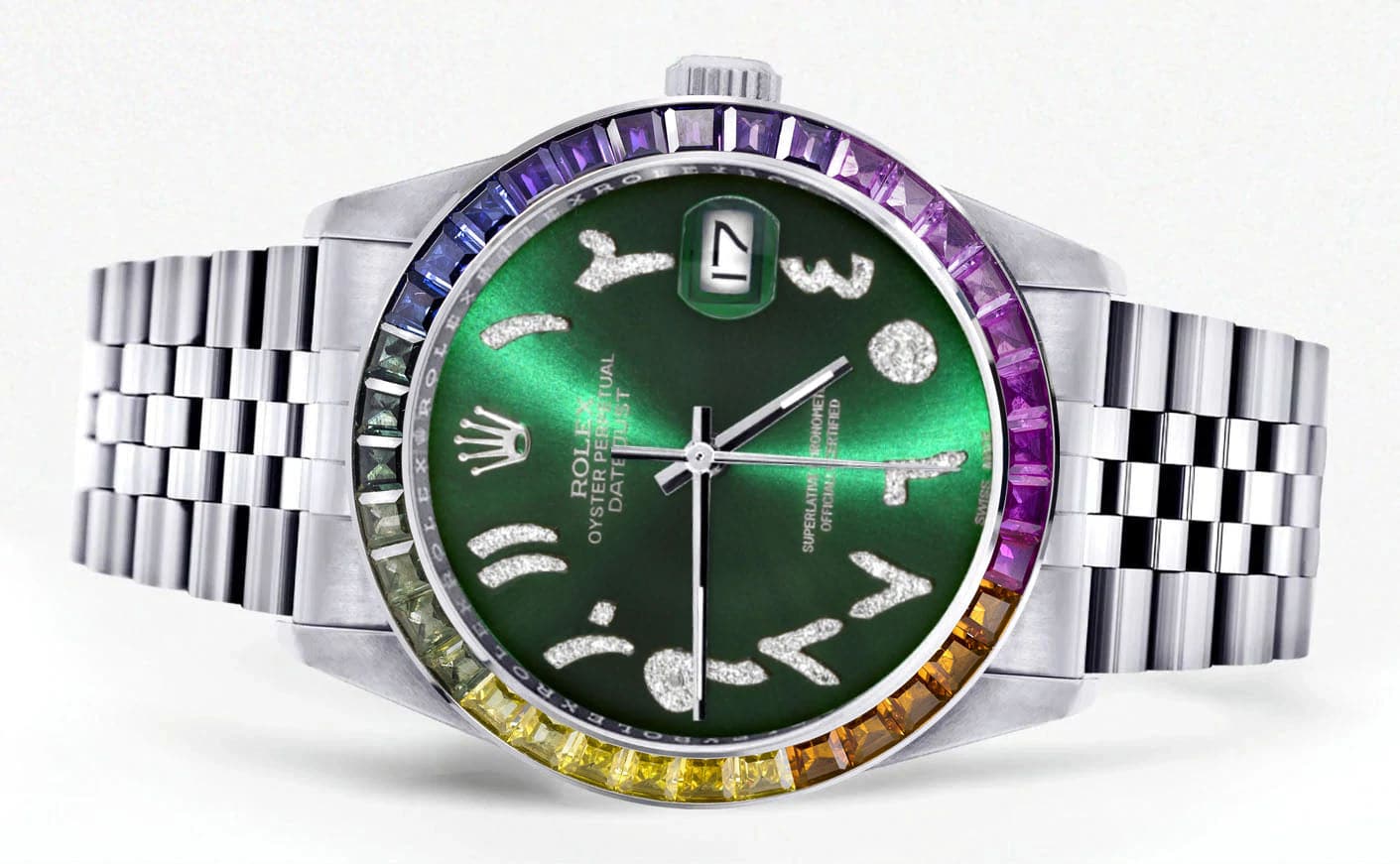 Diamond Gold Rolex Watch For Men 16200 | 36Mm | Rainbow Sapphire Bezel | Green Arabic Numeral Dial | Jubilee Band - Image 2
