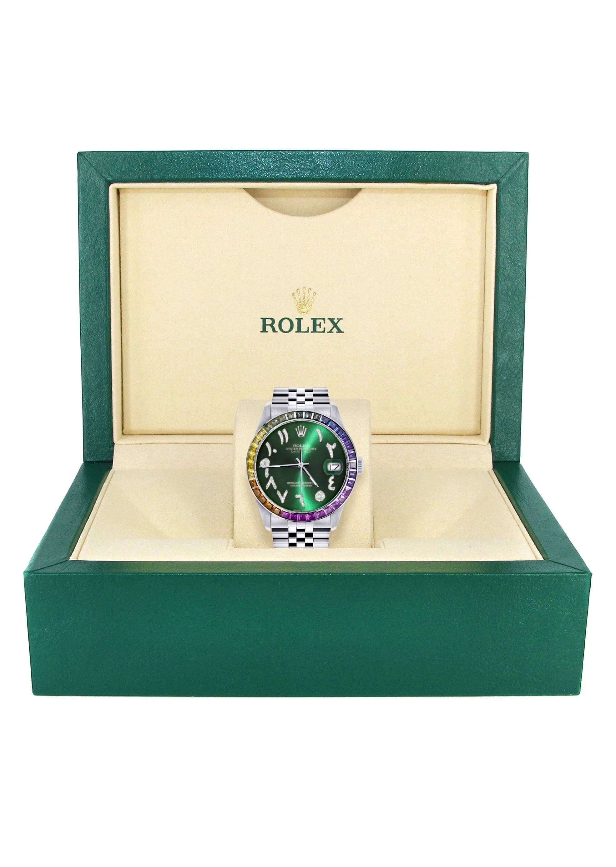 Diamond Gold Rolex Watch For Men 16200 | 36Mm | Rainbow Sapphire Bezel | Green Arabic Numeral Dial | Jubilee Band - Image 4